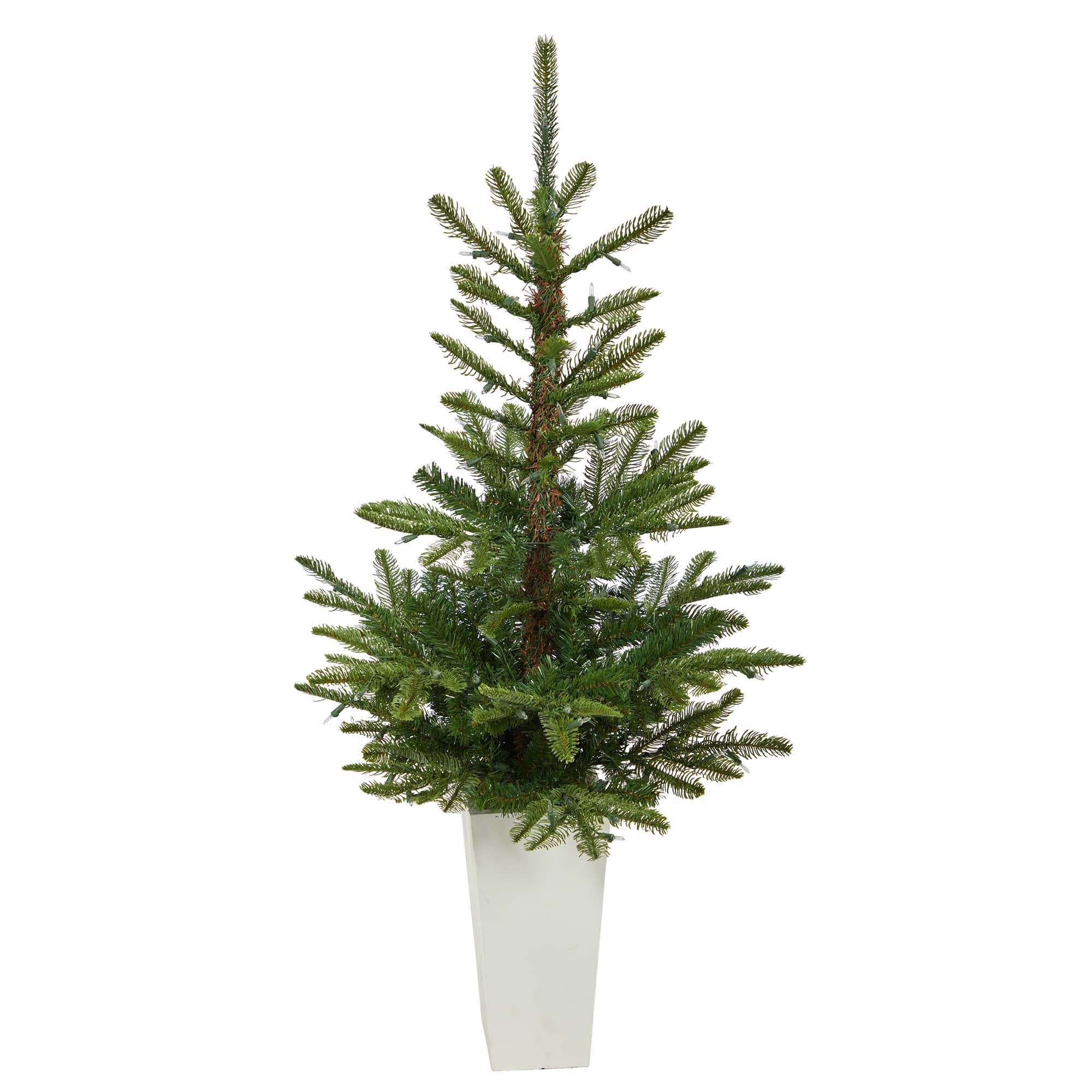 4.5ft. Pre-Lit Layered Washington Spruce Artificial Christmas Tree In White Planter, Clear LED Lights