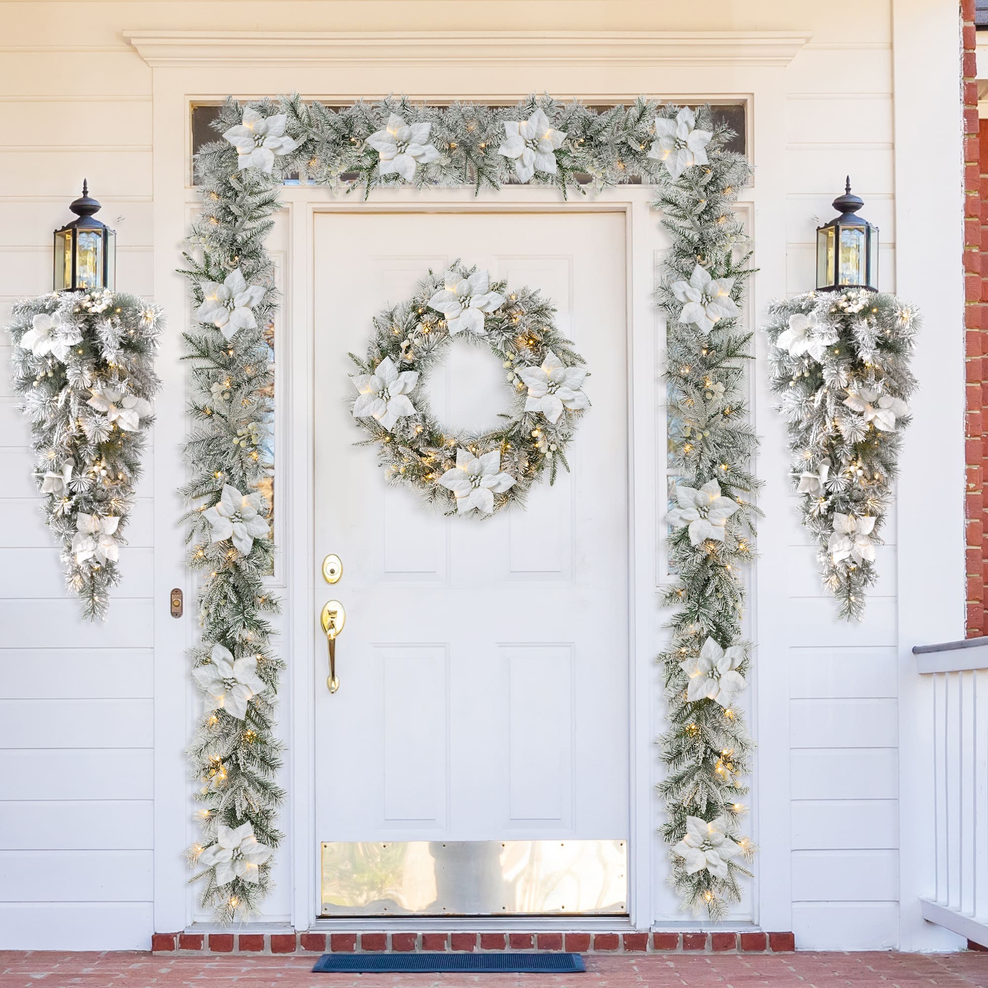 Glitzhome&#xAE; 36&#x22; Pre-Lit Flocked Greenery Pine White Poinsettia &#x26; Berry Christmas Teardrop with Timer