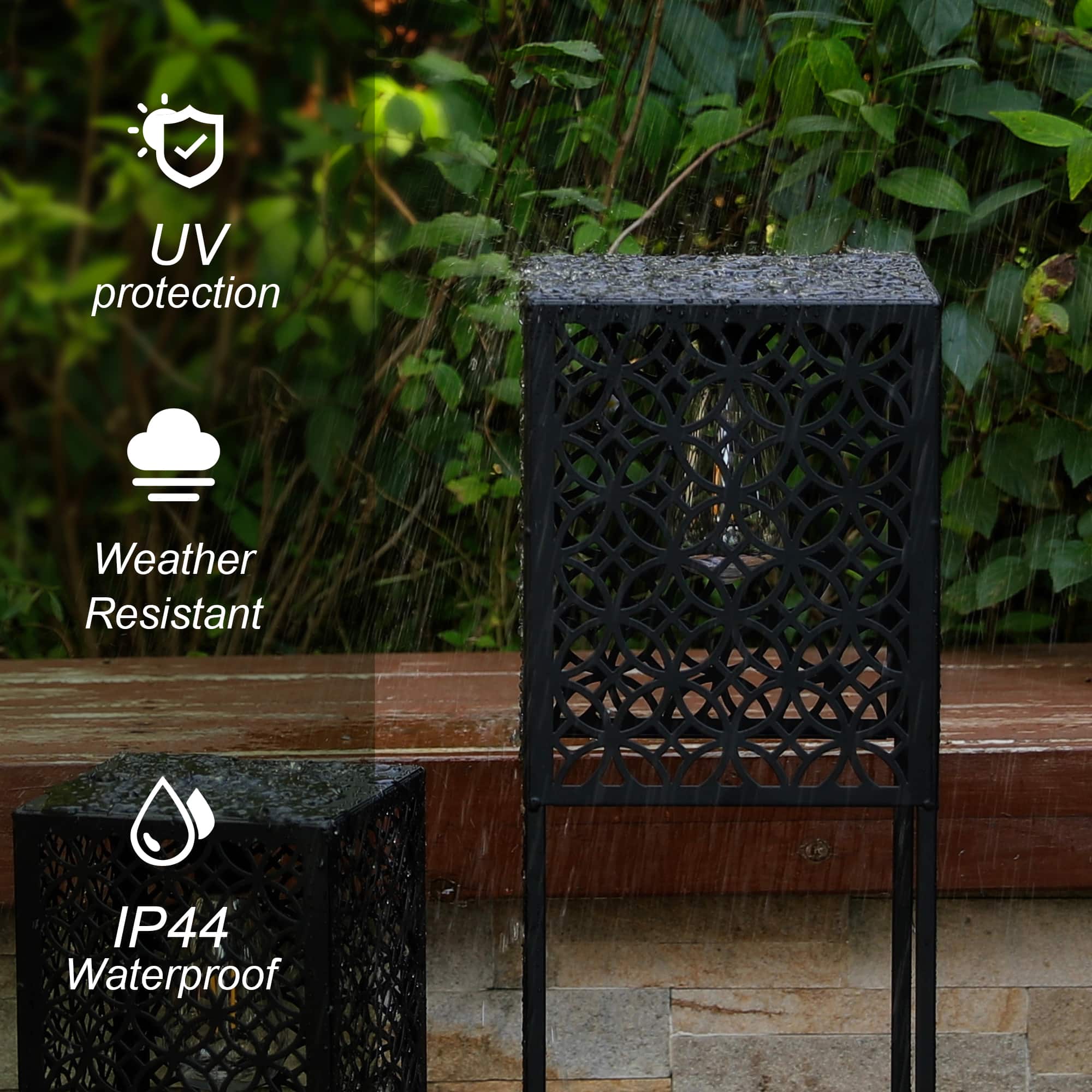 Glitzhome&#xAE; Black Metal Cutout Pattern Solar Powered Outdoor Floor Lanterns Set