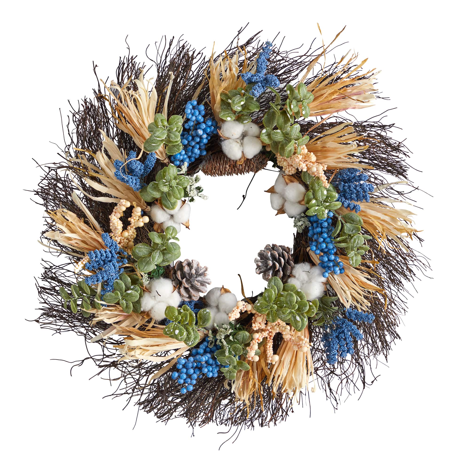 22&#x22; Cotton, Eucalyptus, Berries &#x26; Pinecones Artificial Fall Wreath