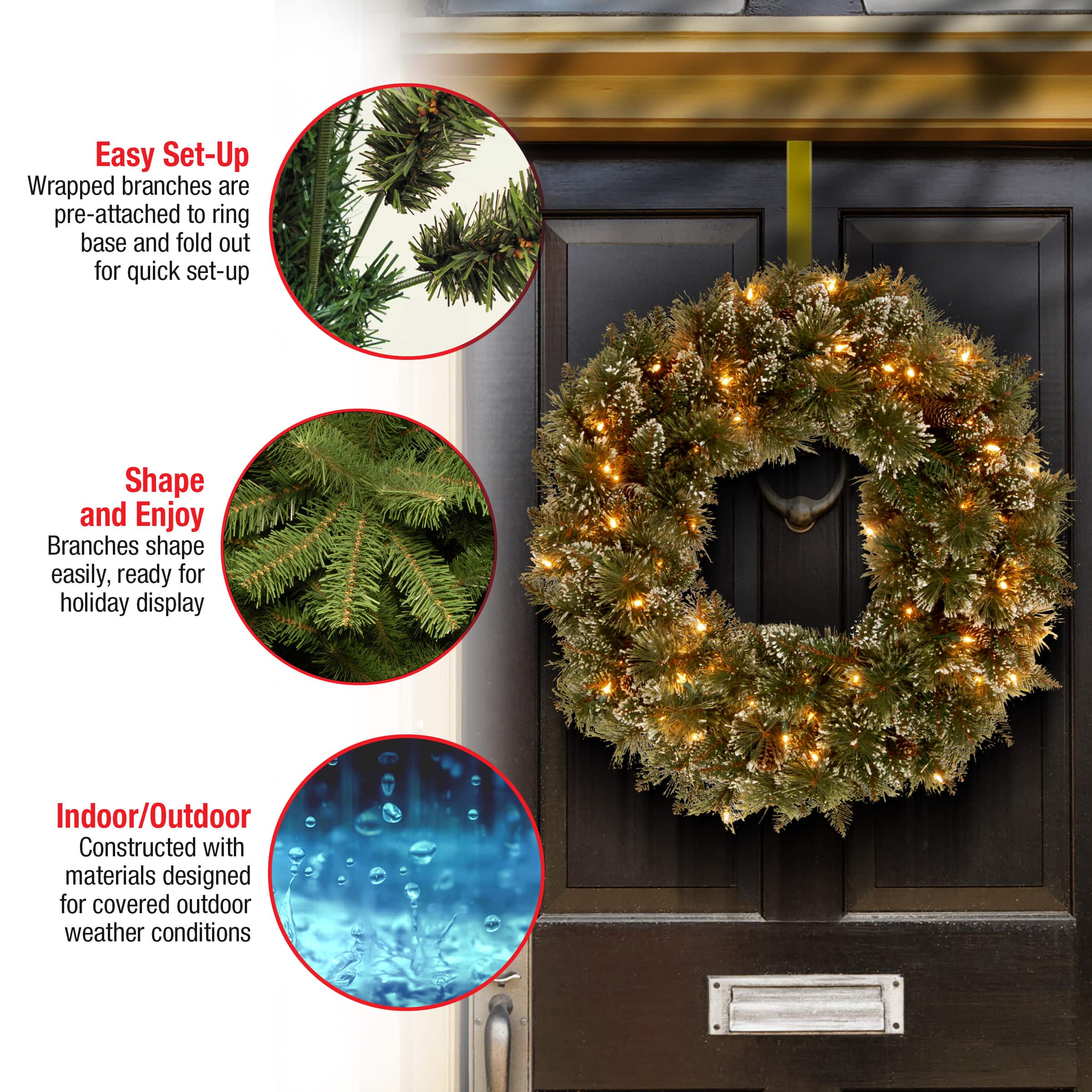 24" Glittery Bristle® Pine Wreath with Clear Lights