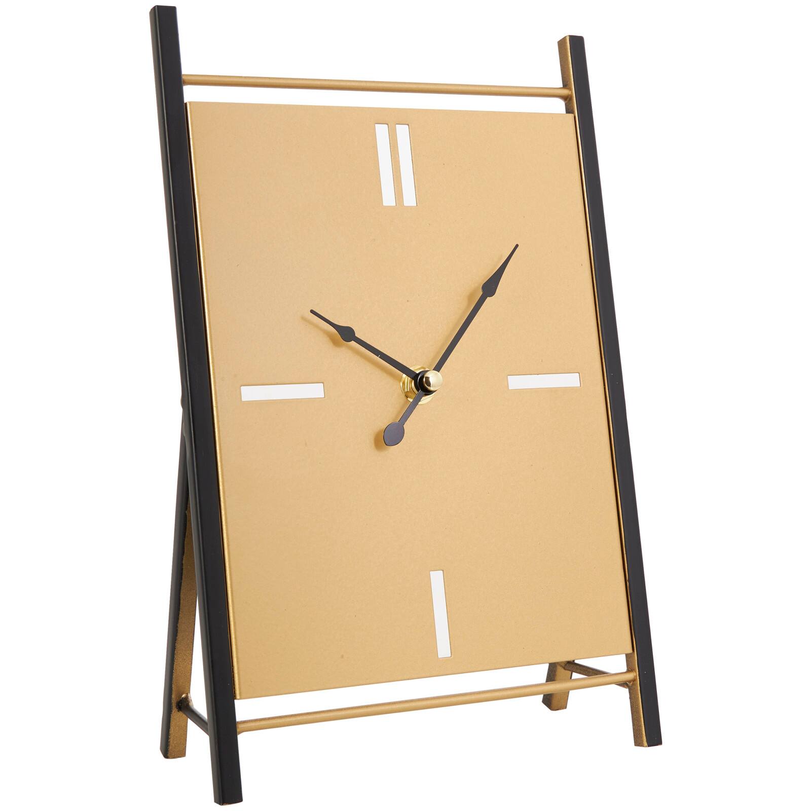 CosmoLiving by Cosmopolitan 10&#x22; Black Metal Rectangular Angled Clock Set with Gold Accents &#x26; Cutout Tick Hour Markers