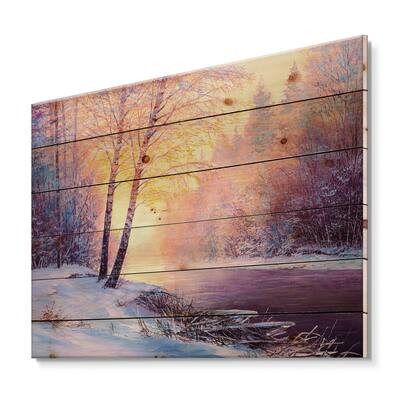 Designart - Winter Scenery With Bridge Of Meandering River II - Lake ...