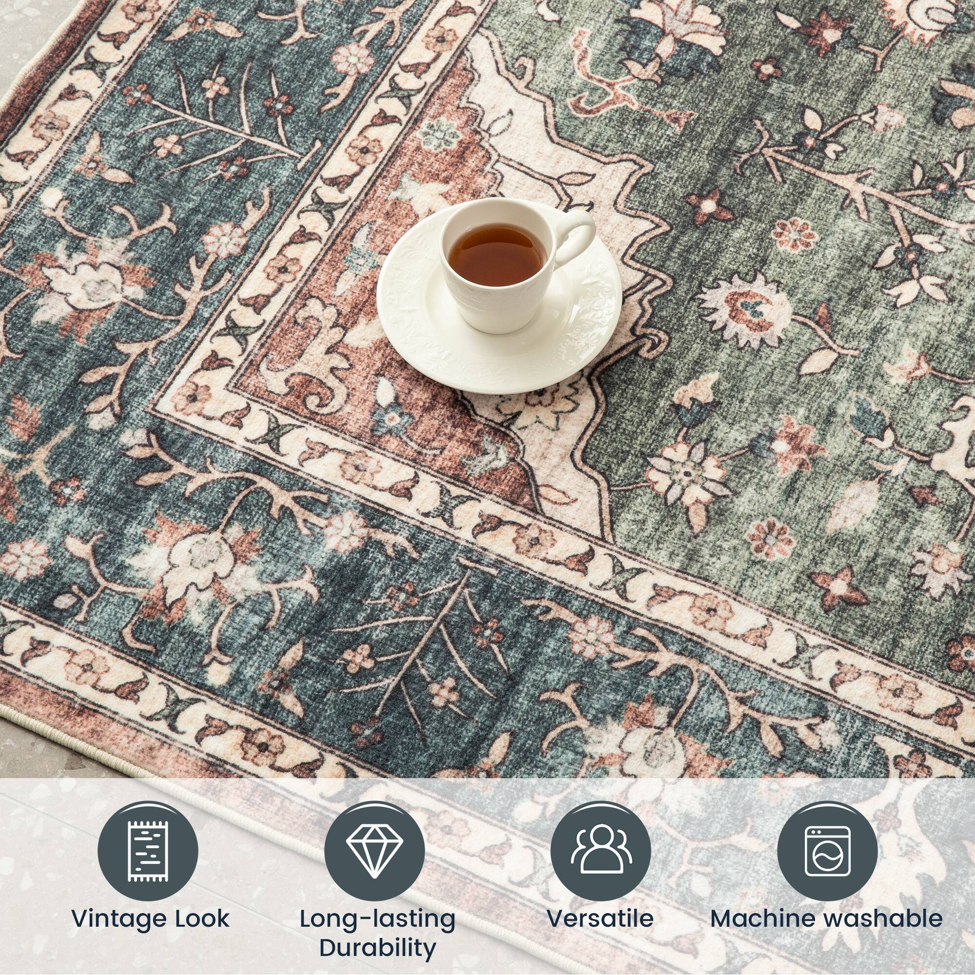 Glitzhome&#xAE; 5ft. x 8ft. Green &#x26; Tan Oriental Area Rug
