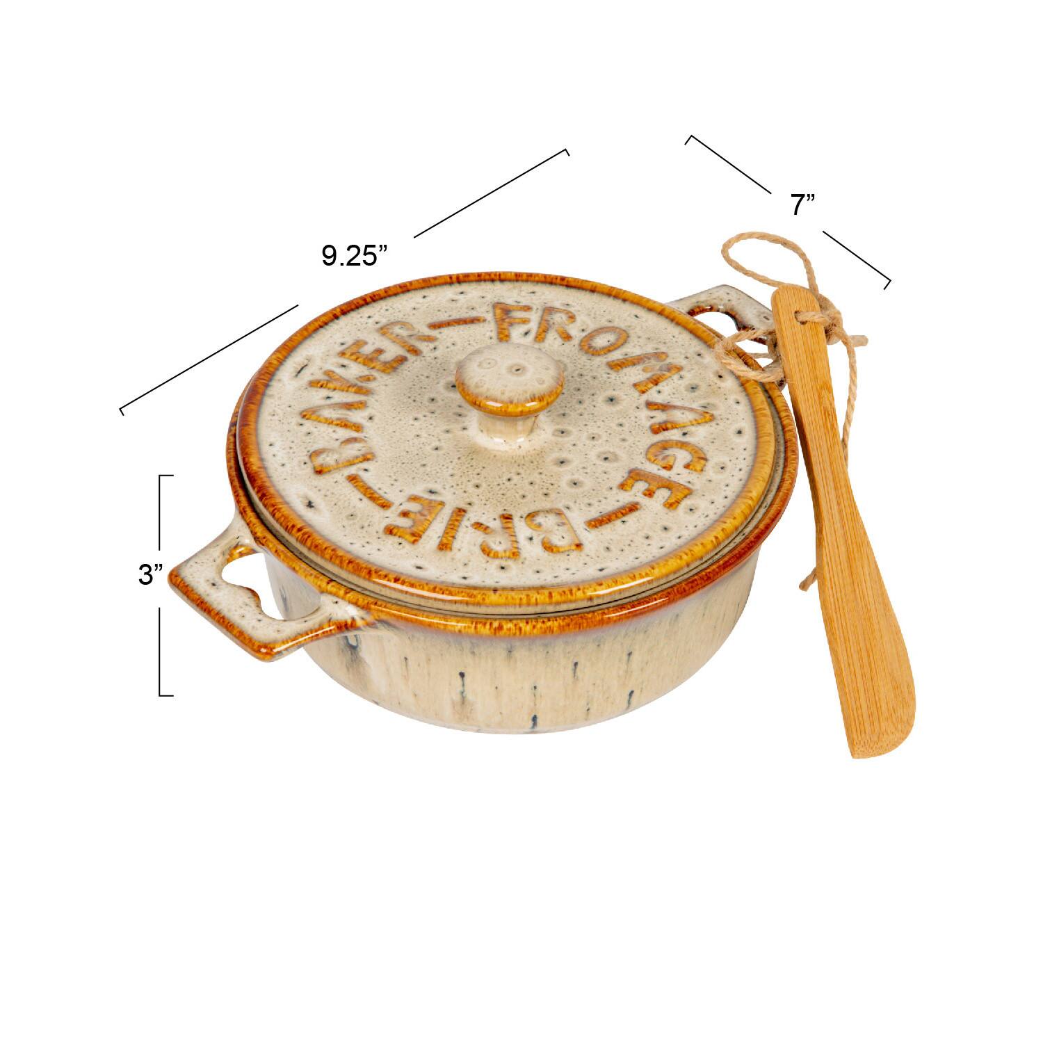 Hello Honey&#xAE; 9.1&#x22; Reactive Glaze Design Stoneware Brie Baker with Bamboo Canap&#xE9; Spreader Knife