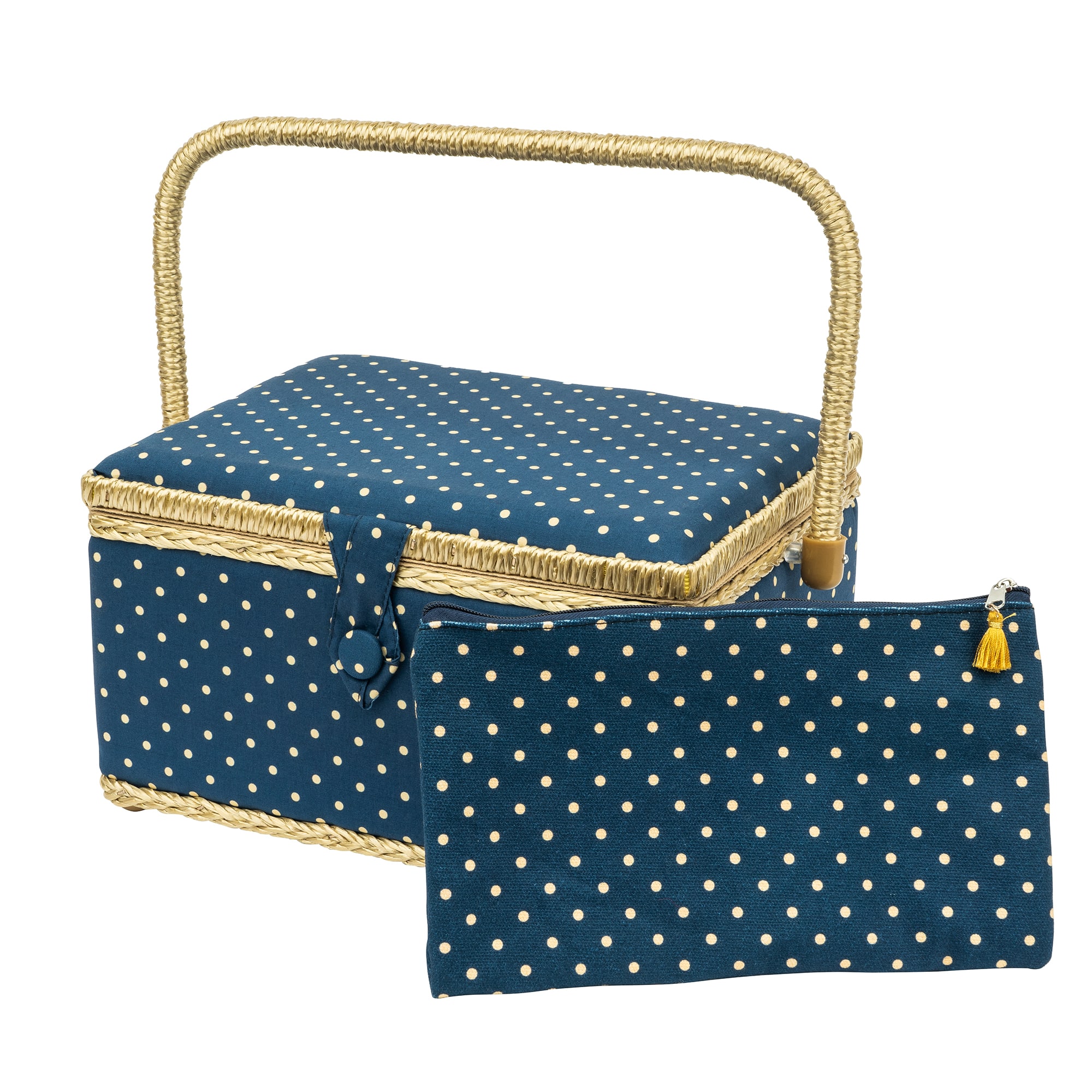 SINGER® Large Blue Polka Dot Print Sewing Basket with Matching Zipper Pouch