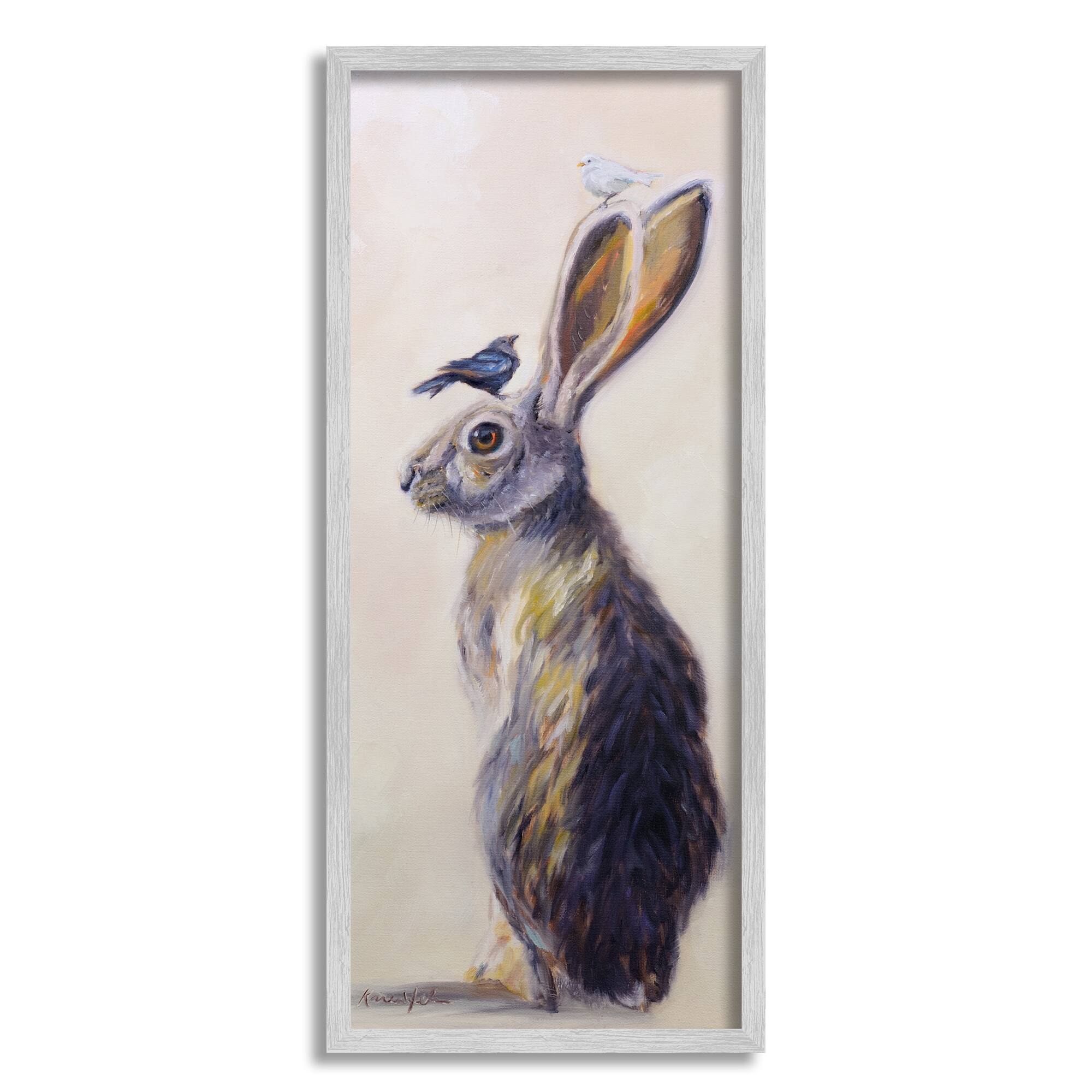 Stupell Industries Minimal Woodland Rabbit with Perched Birds Painting in Gray Frame Wall Art