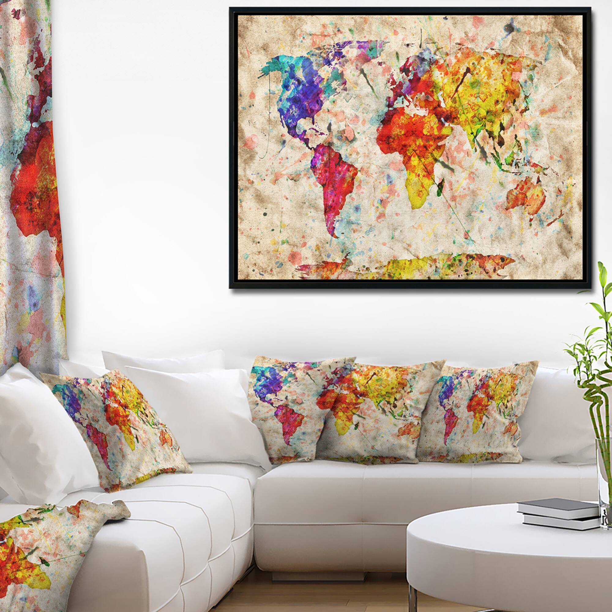 Designart - Vintage World Map Watercolor - Map Framed Canvas Art Print