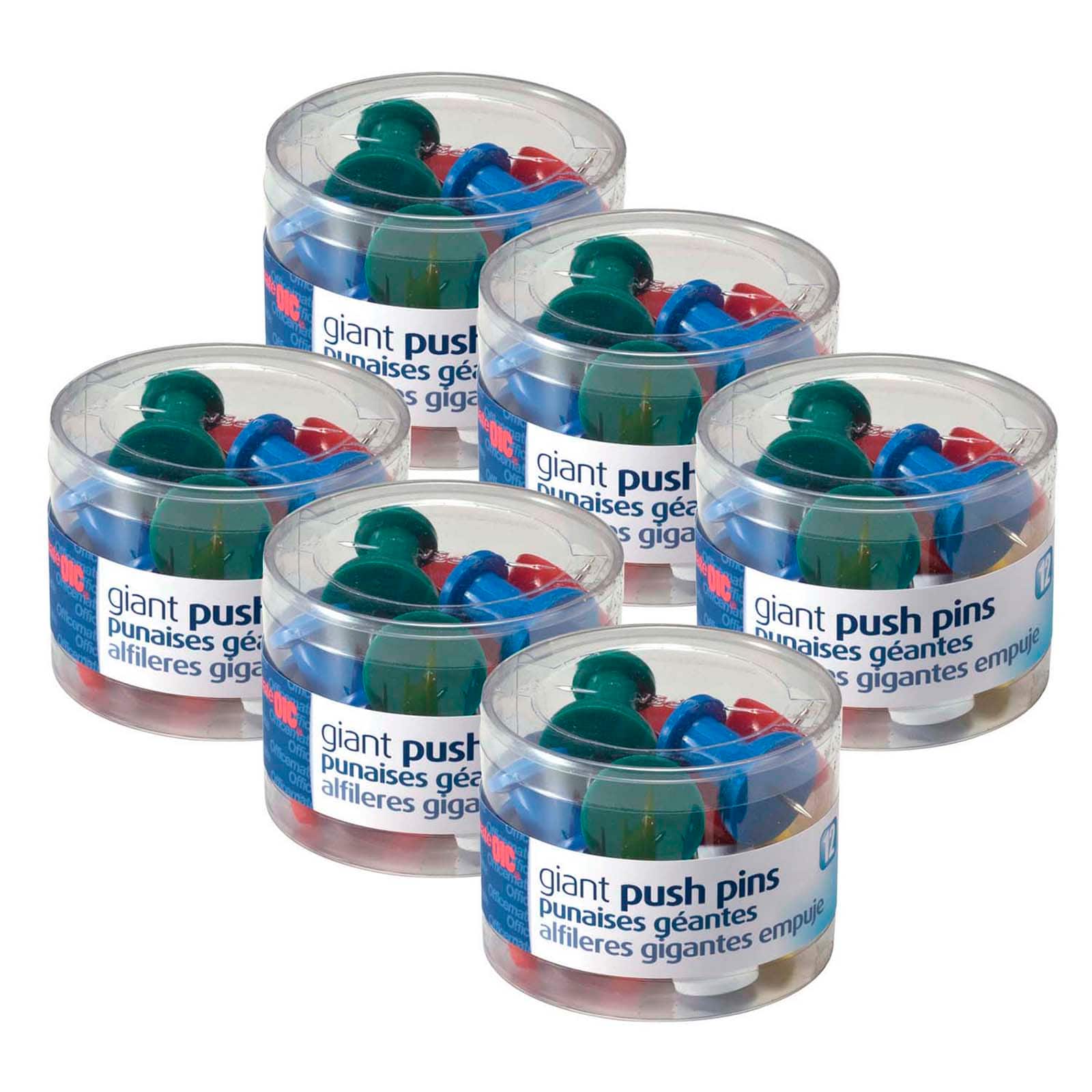 Officemate Giant Push Pins 1.5 Assorted Colors 2 Tubs of 12 (92905)