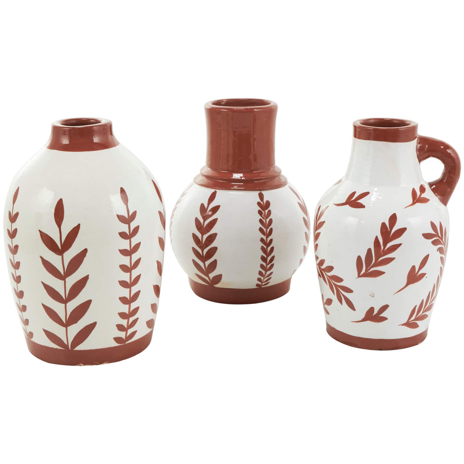 White Ceramic Floral Vase with Terracotta Colored Detailing Set