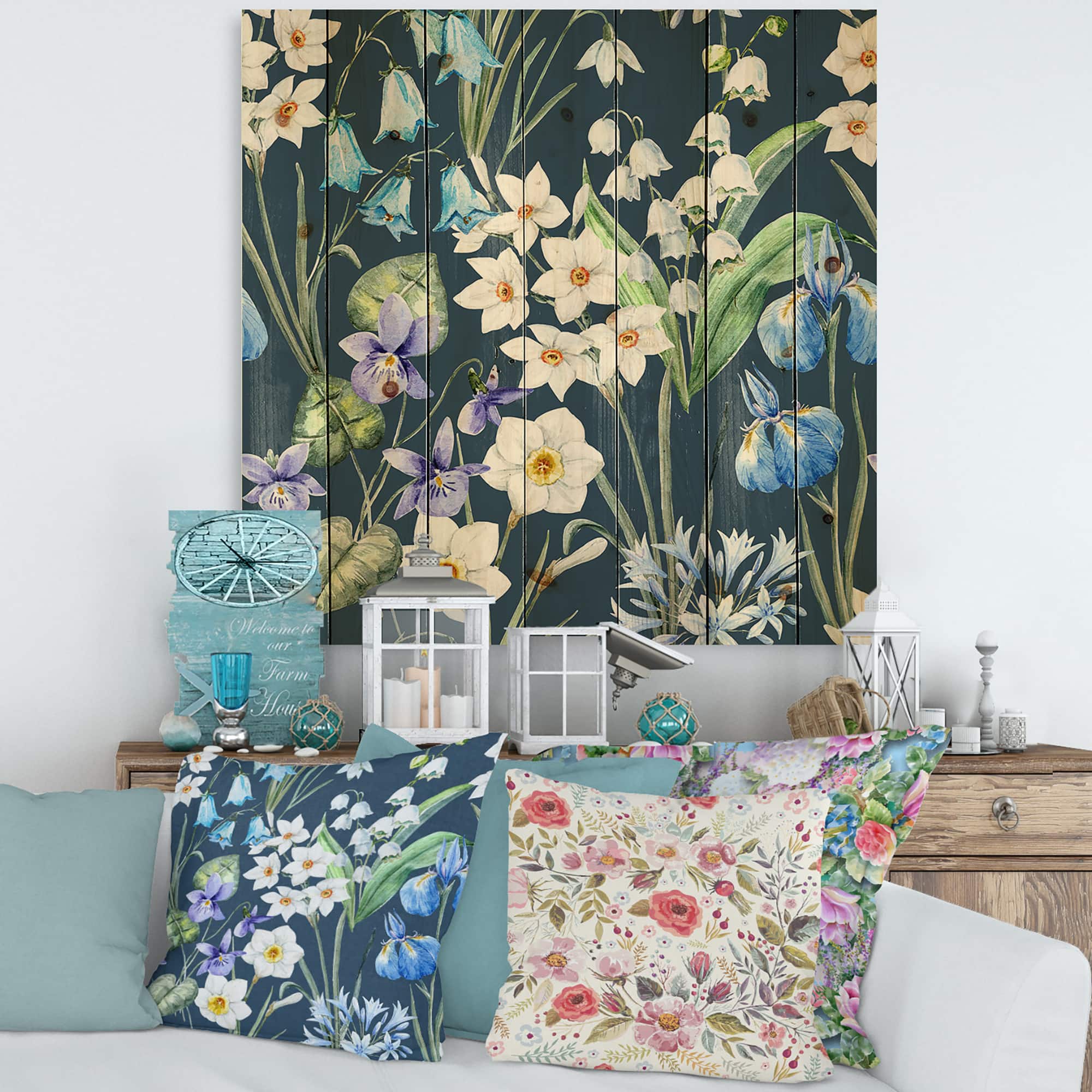 Designart - White and Blue Spring Flowers On Dark Blue - Traditional Print on Natural Pine Wood