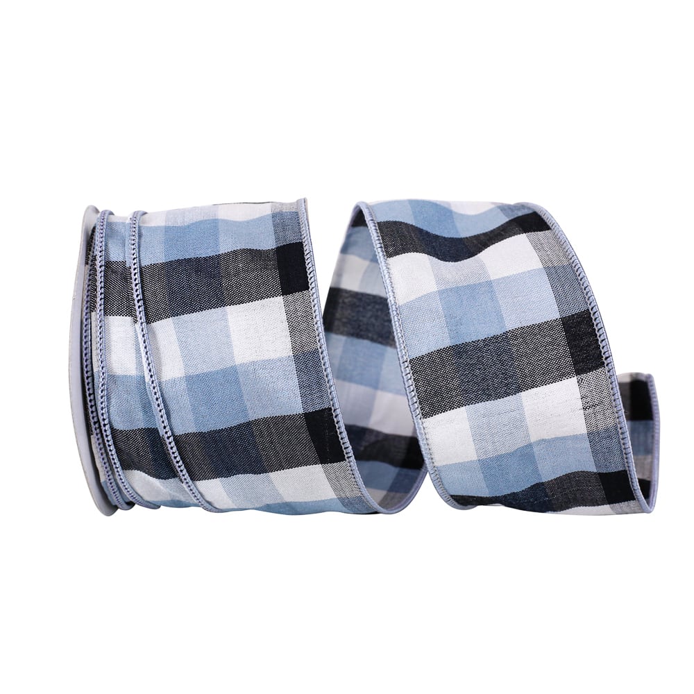 JAM Paper 2.5" x 10yd. Blue & Black Checkered Gingham Wired Edge Ribbon