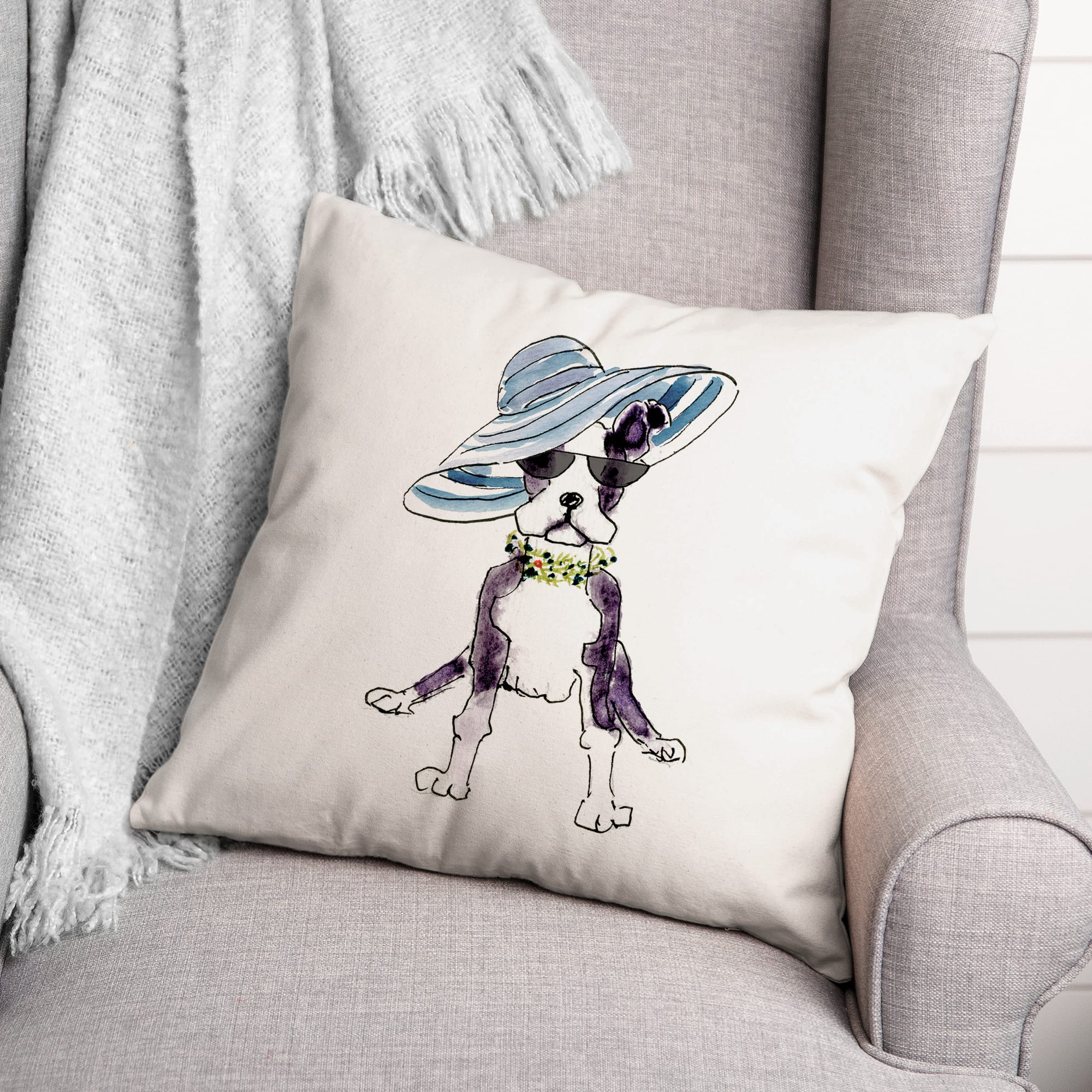 Cute Fashion Hat Dog Sketch 2 Throw Pillow