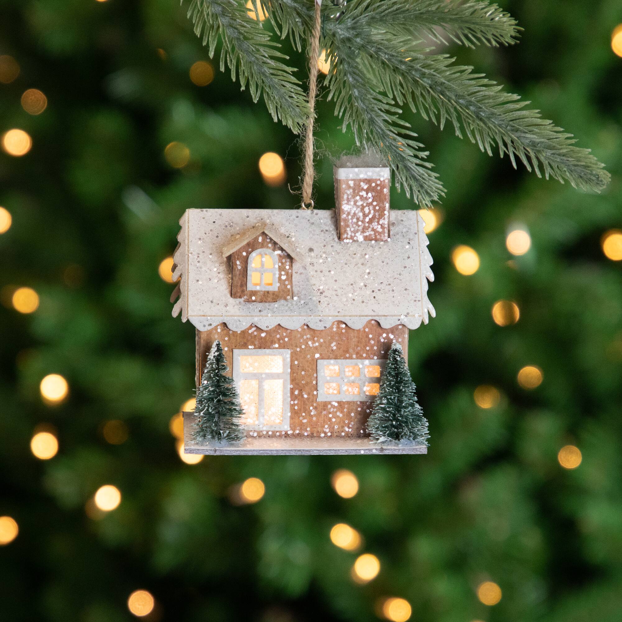 4&#x22; Battery Operated Tan Brown and White Lighted House Christmas Ornament