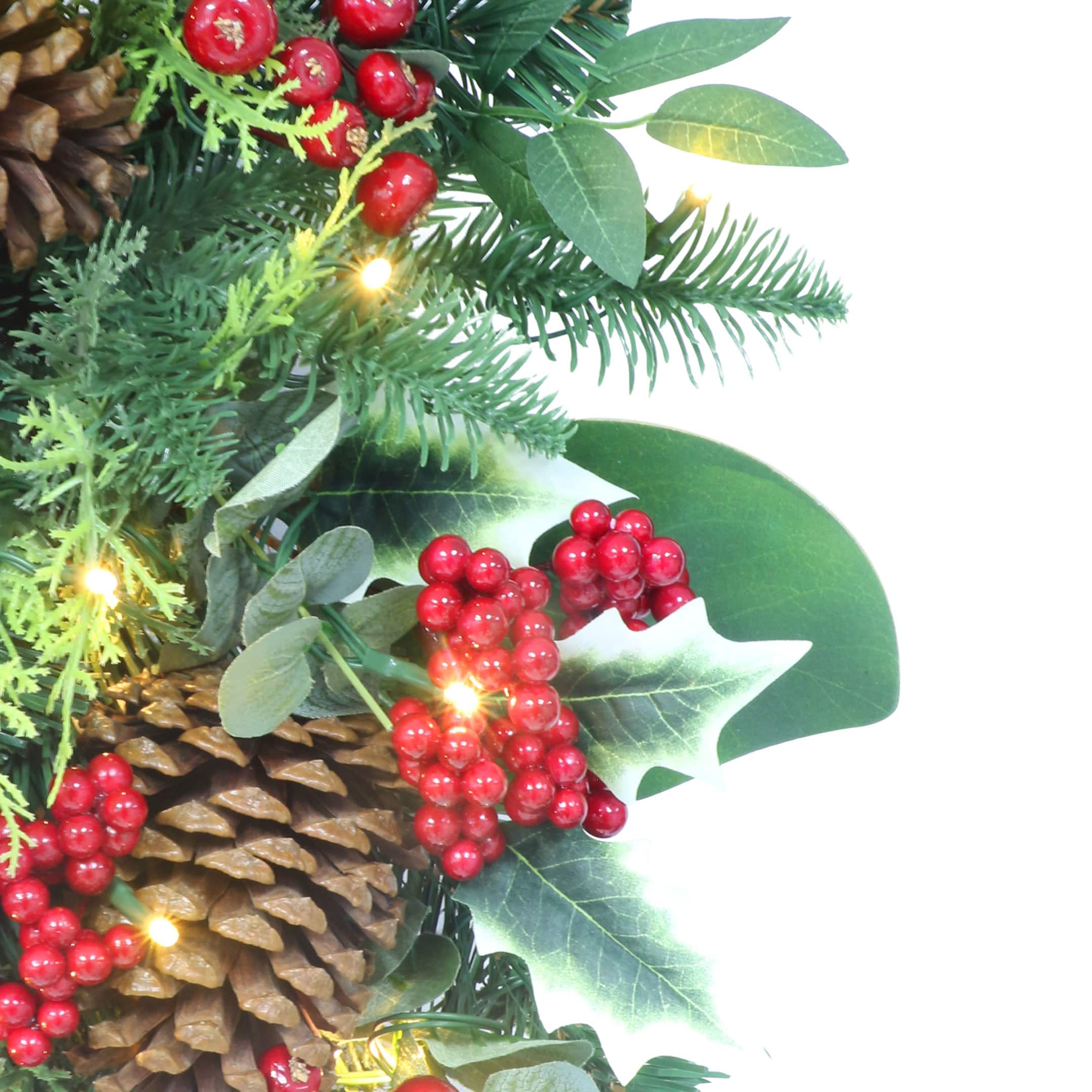 26&#x22; Battery-Operated Pre-Lit Decorated Artificial Wreath with Red Bow