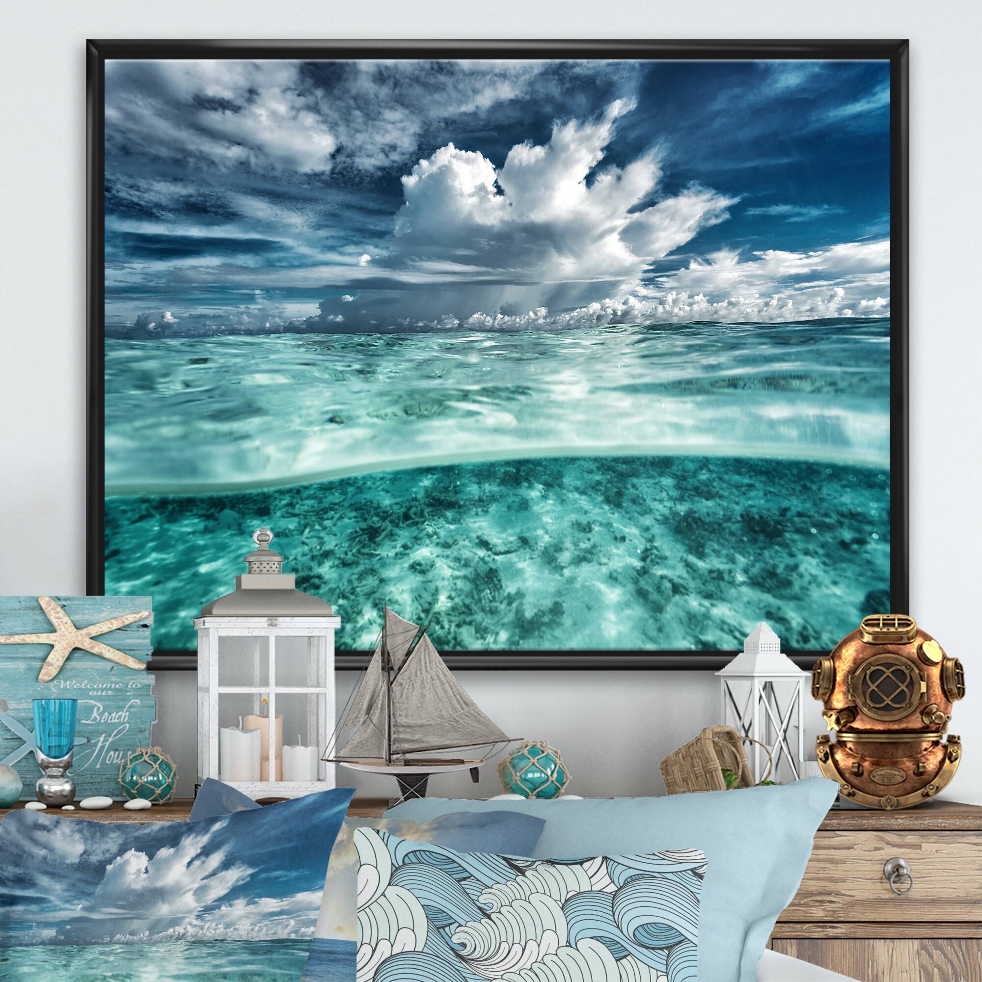 Designart - Amazing Underwater Seascape And Clouds - Nautical & Coastal Canvas Wall Art Print in Black Frame