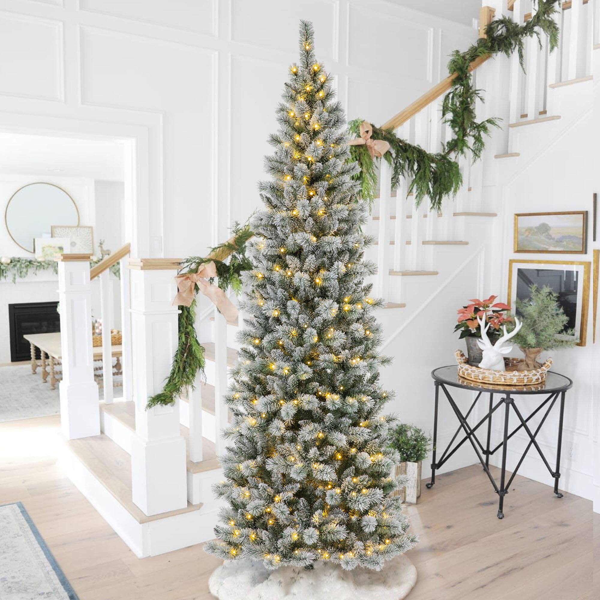 9ft. Pre-Lit Flocked Pine Pencil Artificial Christmas Tree, Multicolor LED Lights