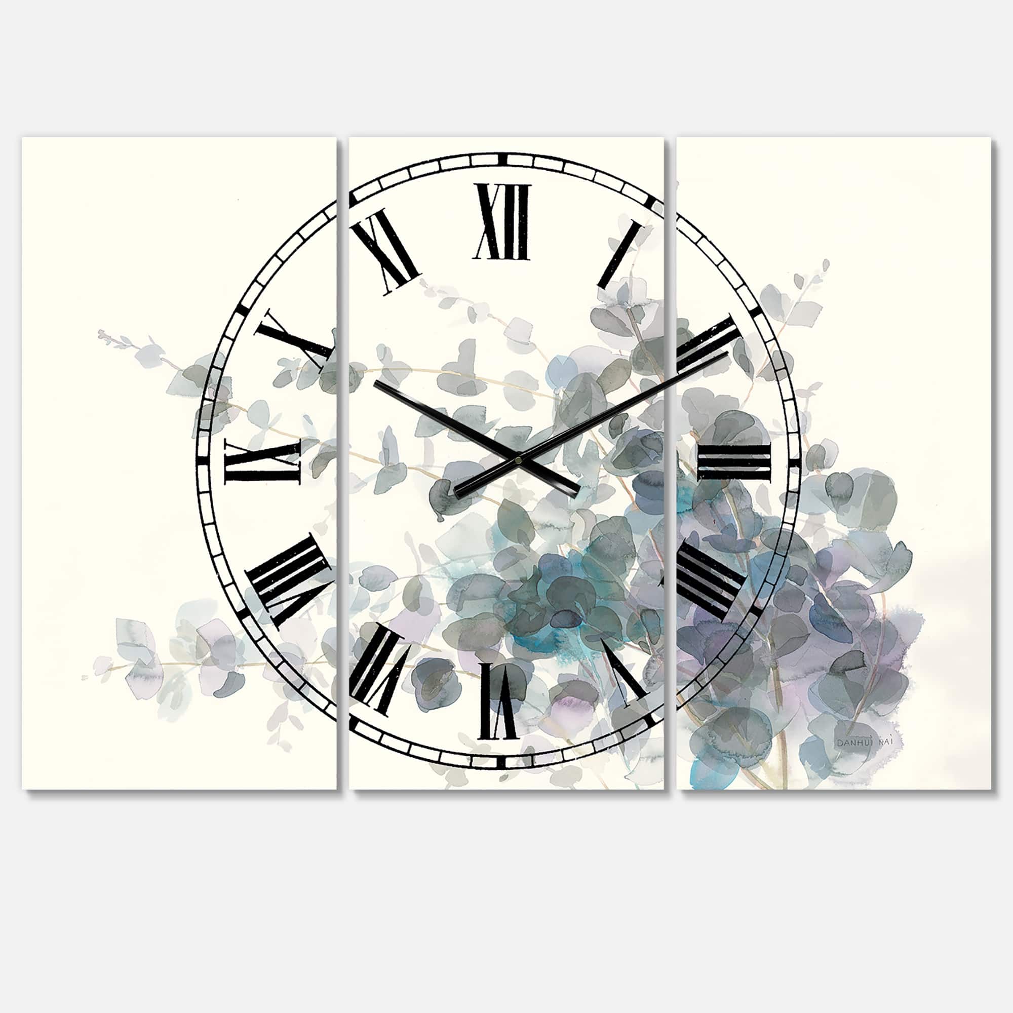 Designart Gray Watercolor Flower II Traditional 3 Panel Wall Clock