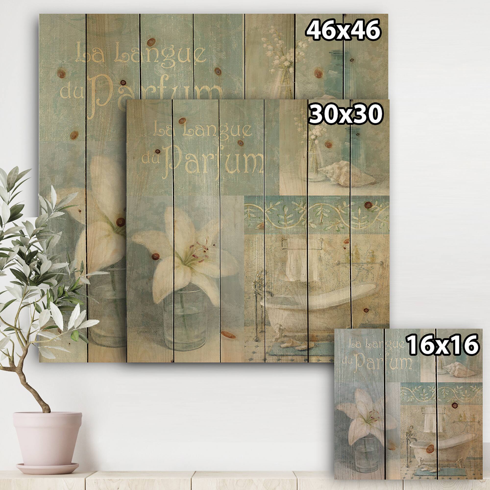 Designart - Bathroom Lily Parfum Bath Story - Traditional Print on Natural Pine Wood