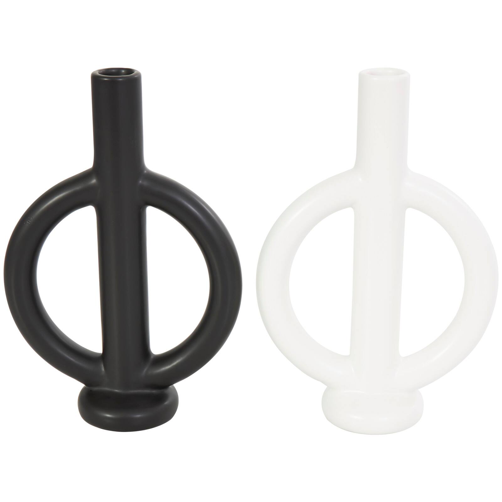 CosmoLiving by Cosmopolitan 10" Black & White Ceramic Geometric Ring Taper Candle Holder Set