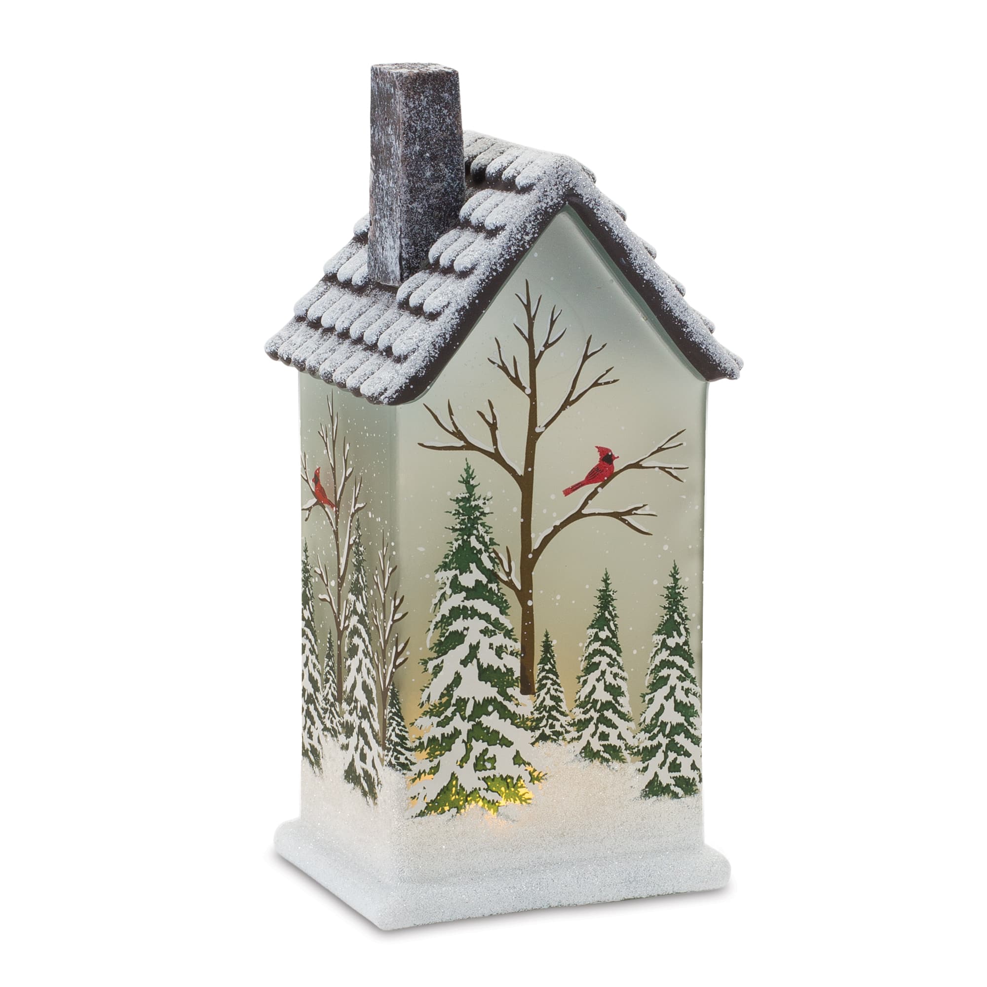 9&#x22; Frosted Glass Home with Cardinals LED Tabletop Town D&#xE9;cor Set