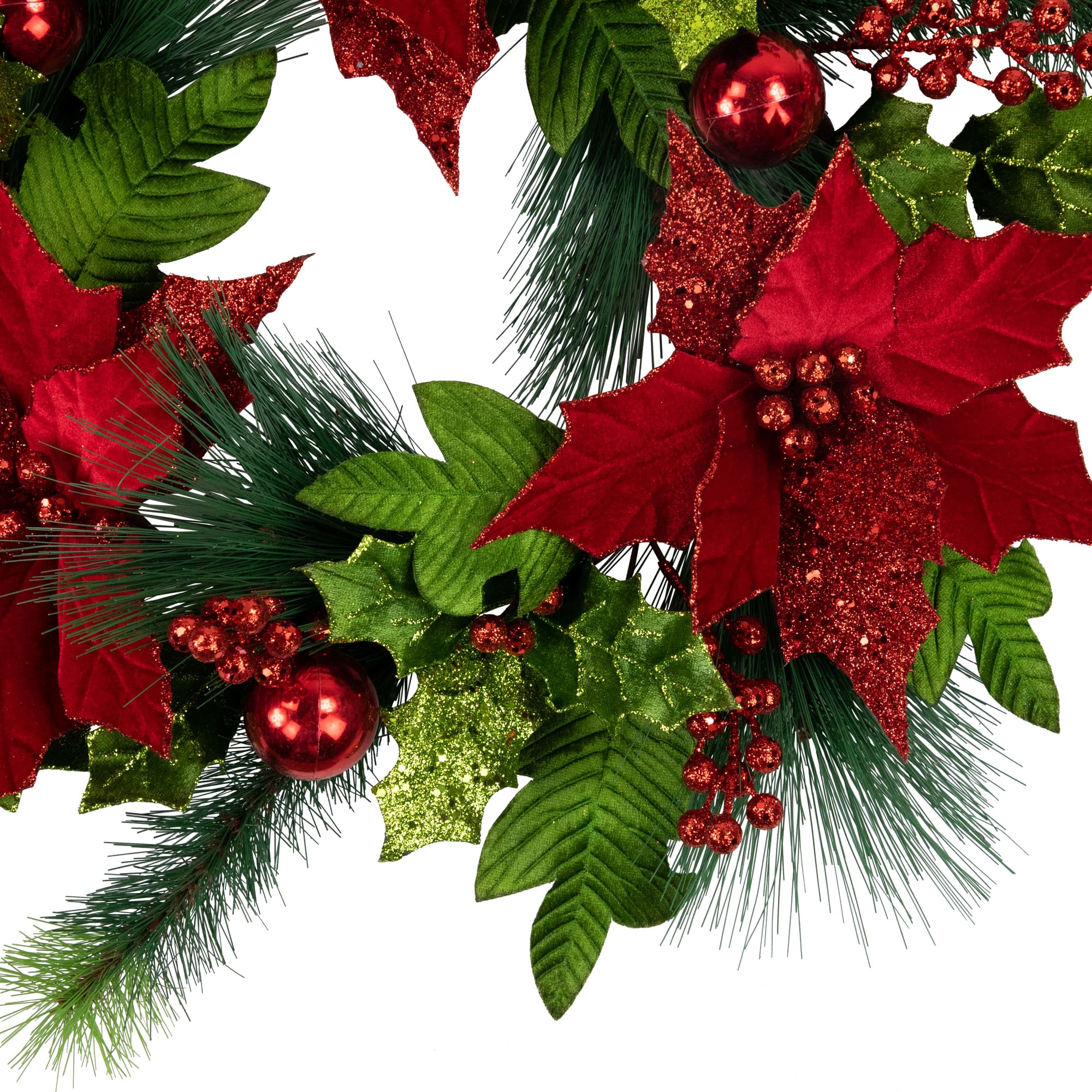 24" Red Glittered Poinsettia & Long Pine Christmas Wreath