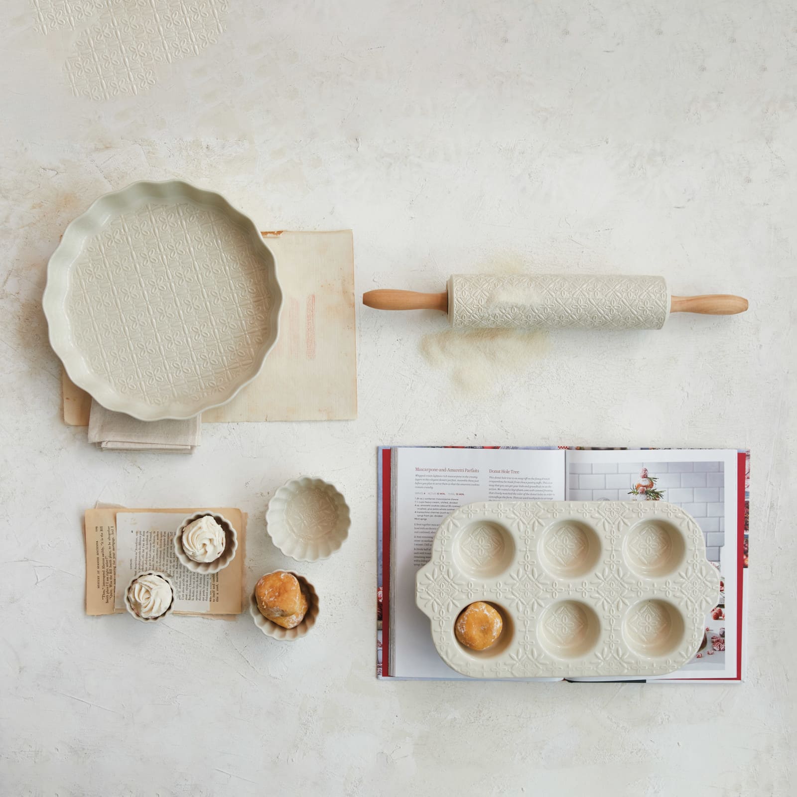 Hello Honey® Embossed Cream Stoneware Rolling Pin with Wood Handles