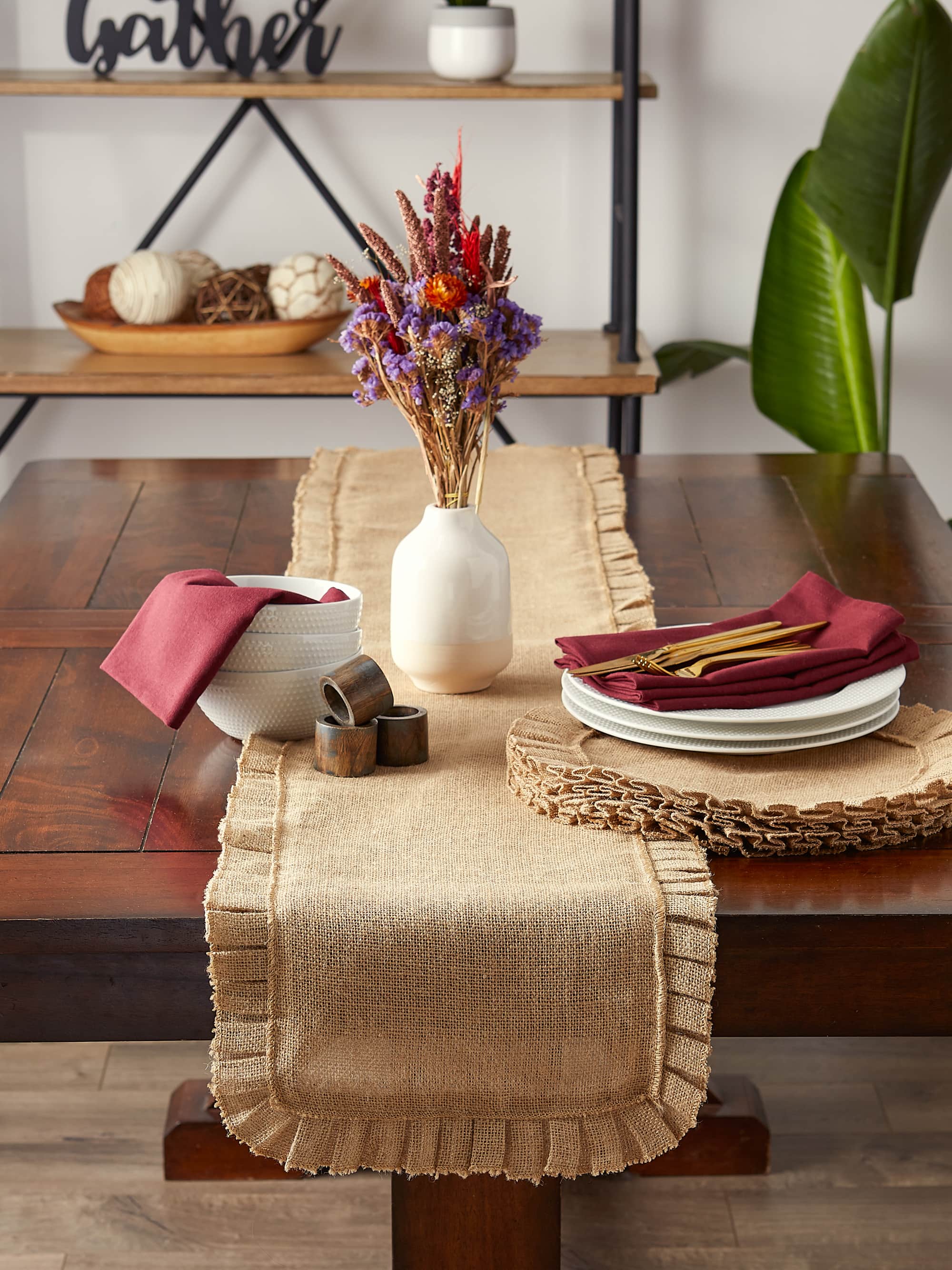 DII® Natural Ruffle Trim Jute Table Runner, 14x72 inch