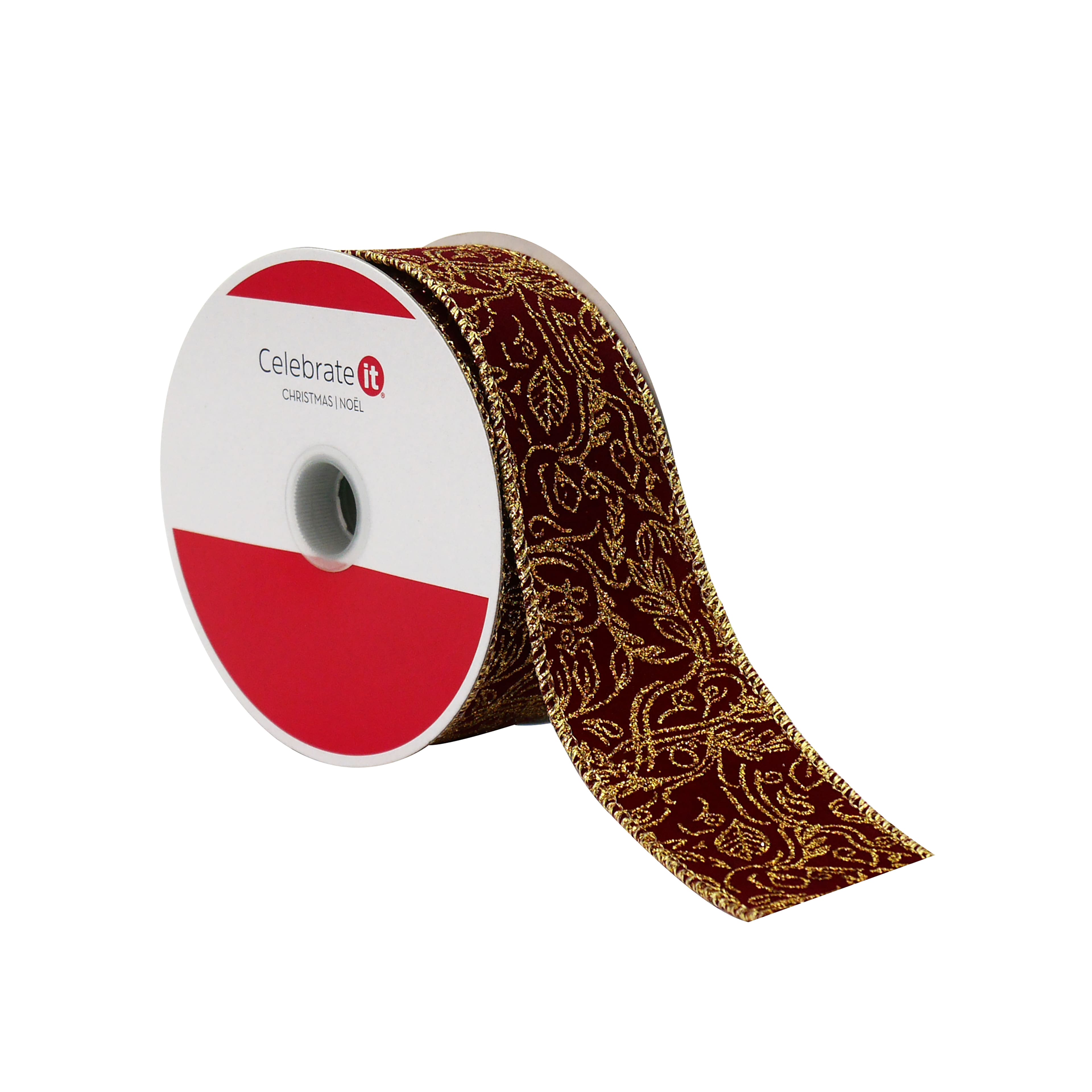 1.5&#x22; x 30ft. Burgundy &#x26; Gold Scroll Wired Ribbon by Celebrate It&#xAE;