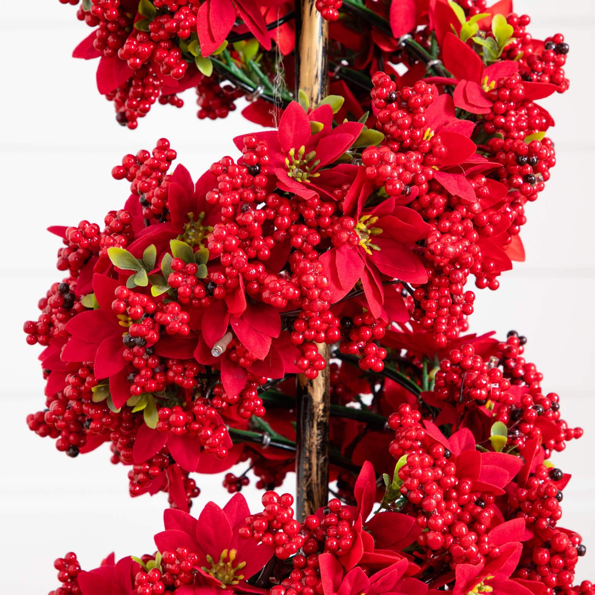 3ft. Pre-Lit Artificial Christmas Poinsettias and Berries Spiral Topiary Tree with 30 Warm White LED Lights