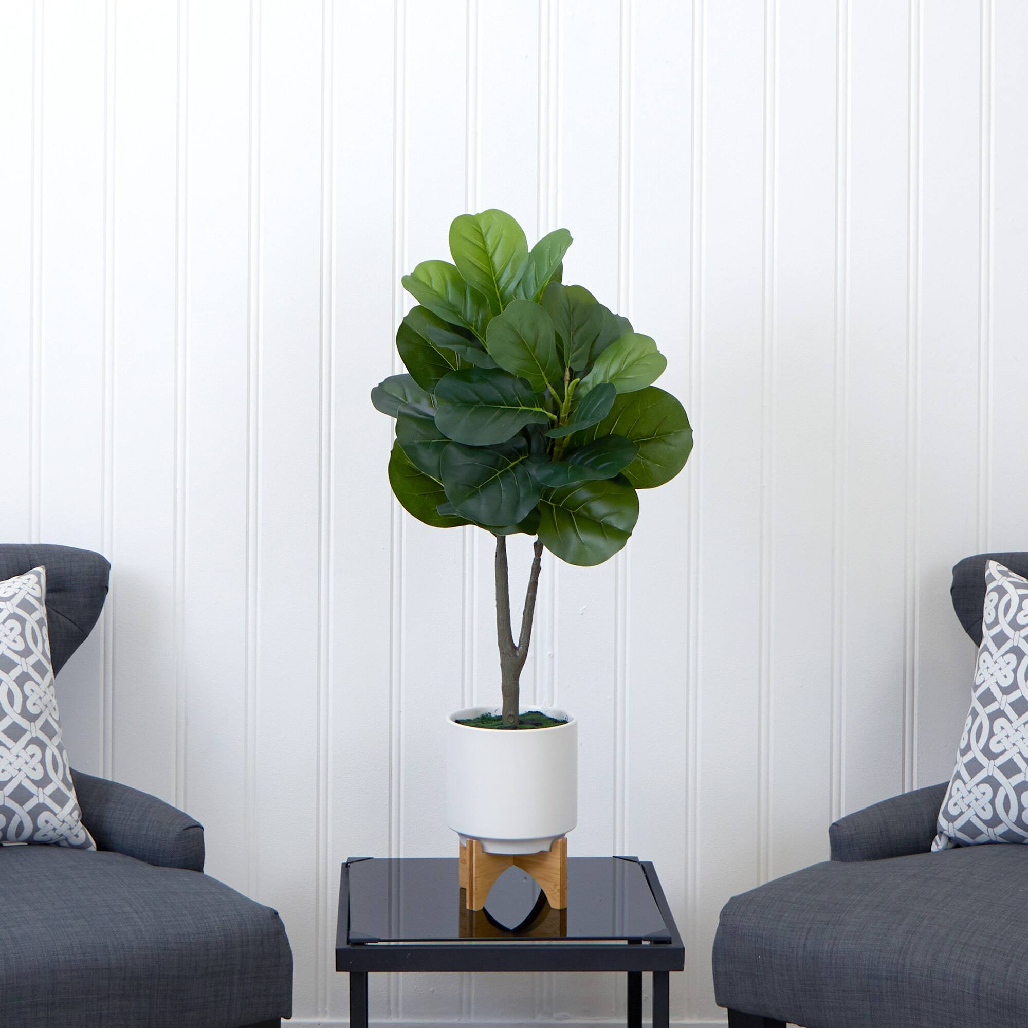 33&#x22; Artificial Green Fiddle Fig with Stand Planter