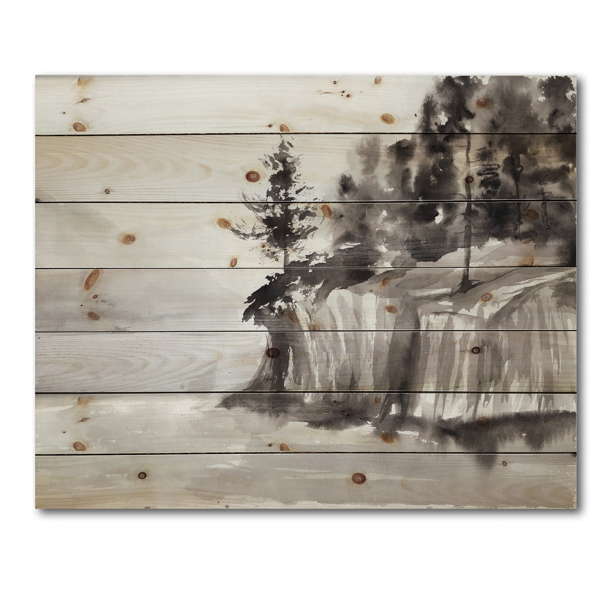 Designart - Monochrome Cliffs By The Lake - Nautical & Coastal Print on Natural Pine Wood