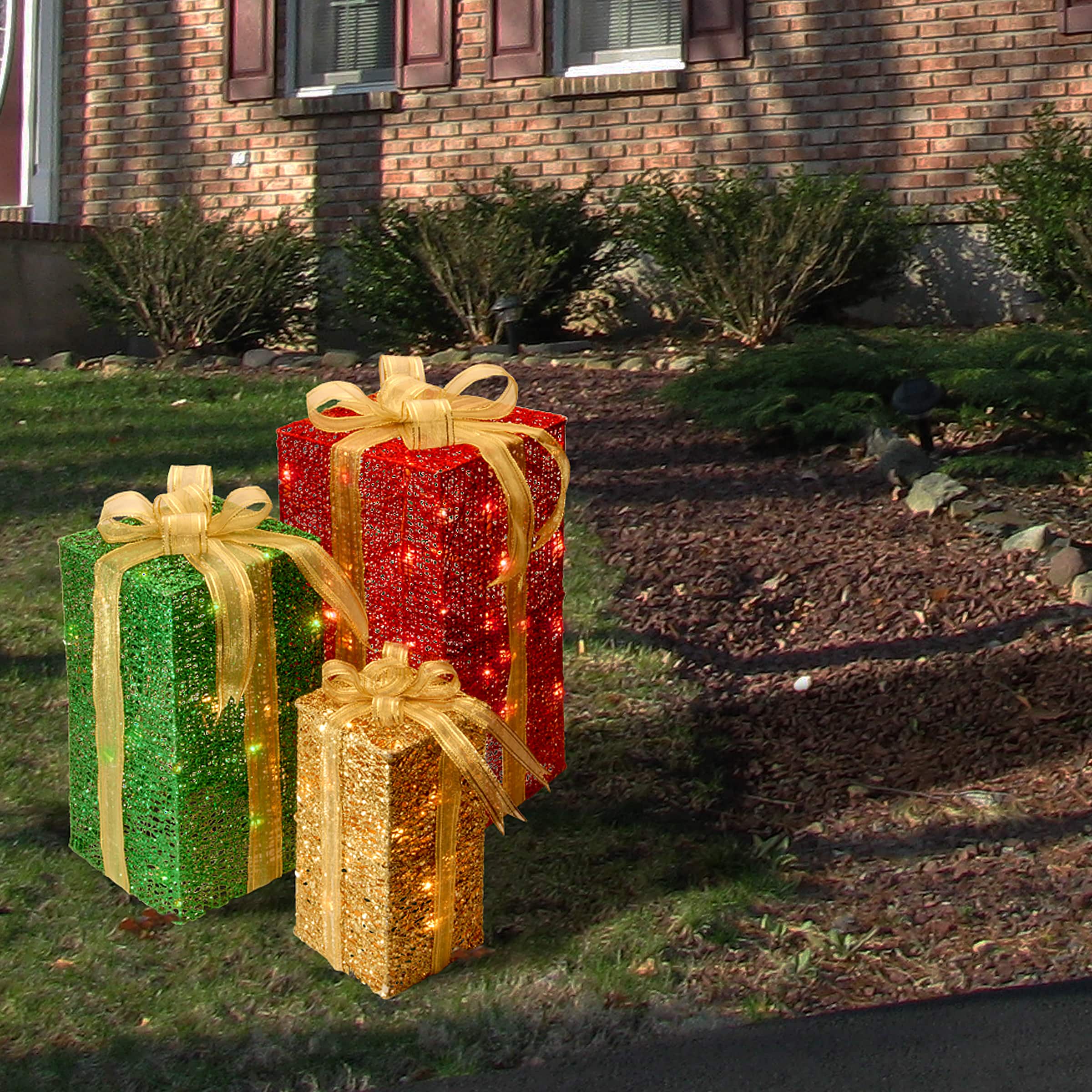 Set of 3 Sisal Gift Box, Clear Mini Lights