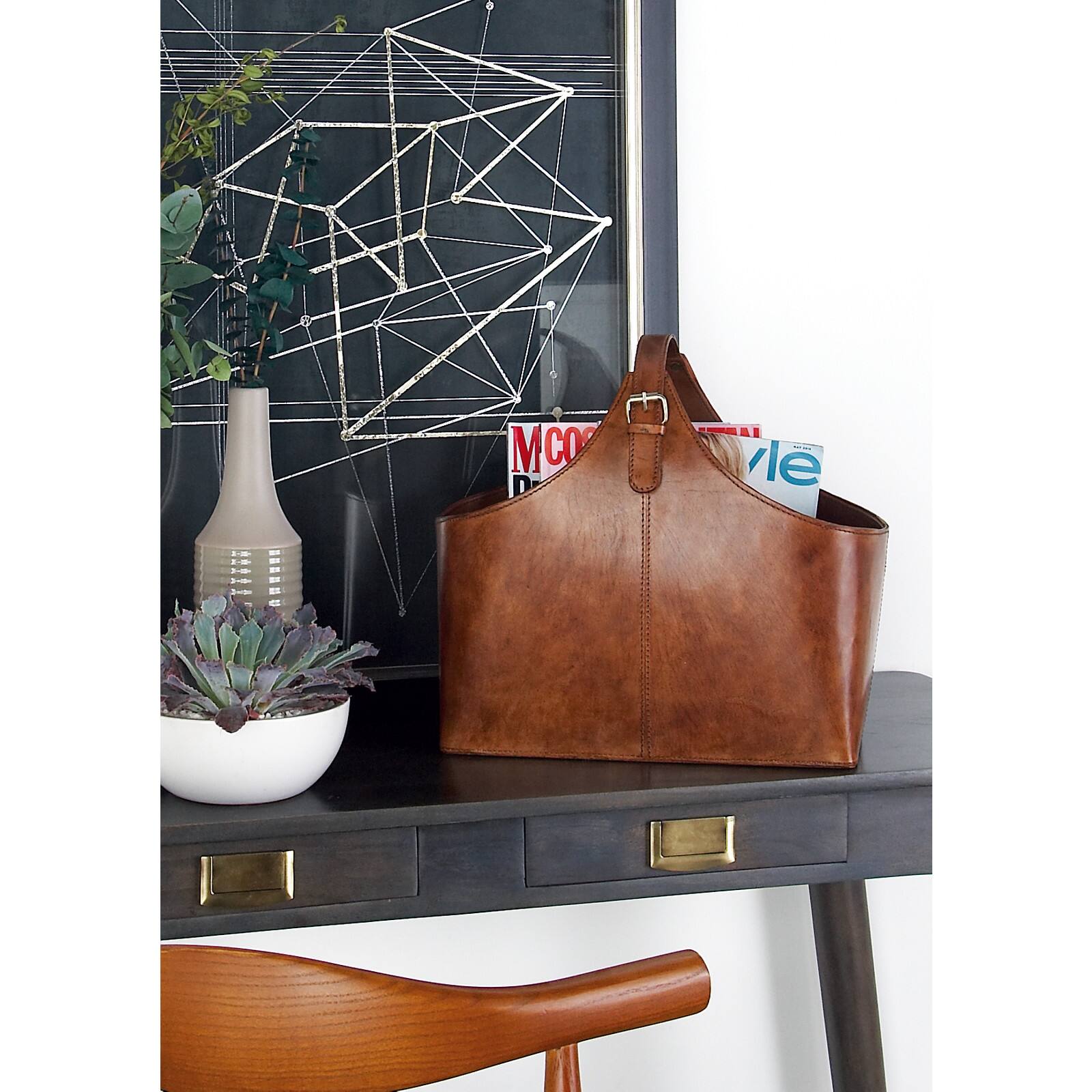 16&#x22; Brown Leather Rustic Magazine Rack Holder