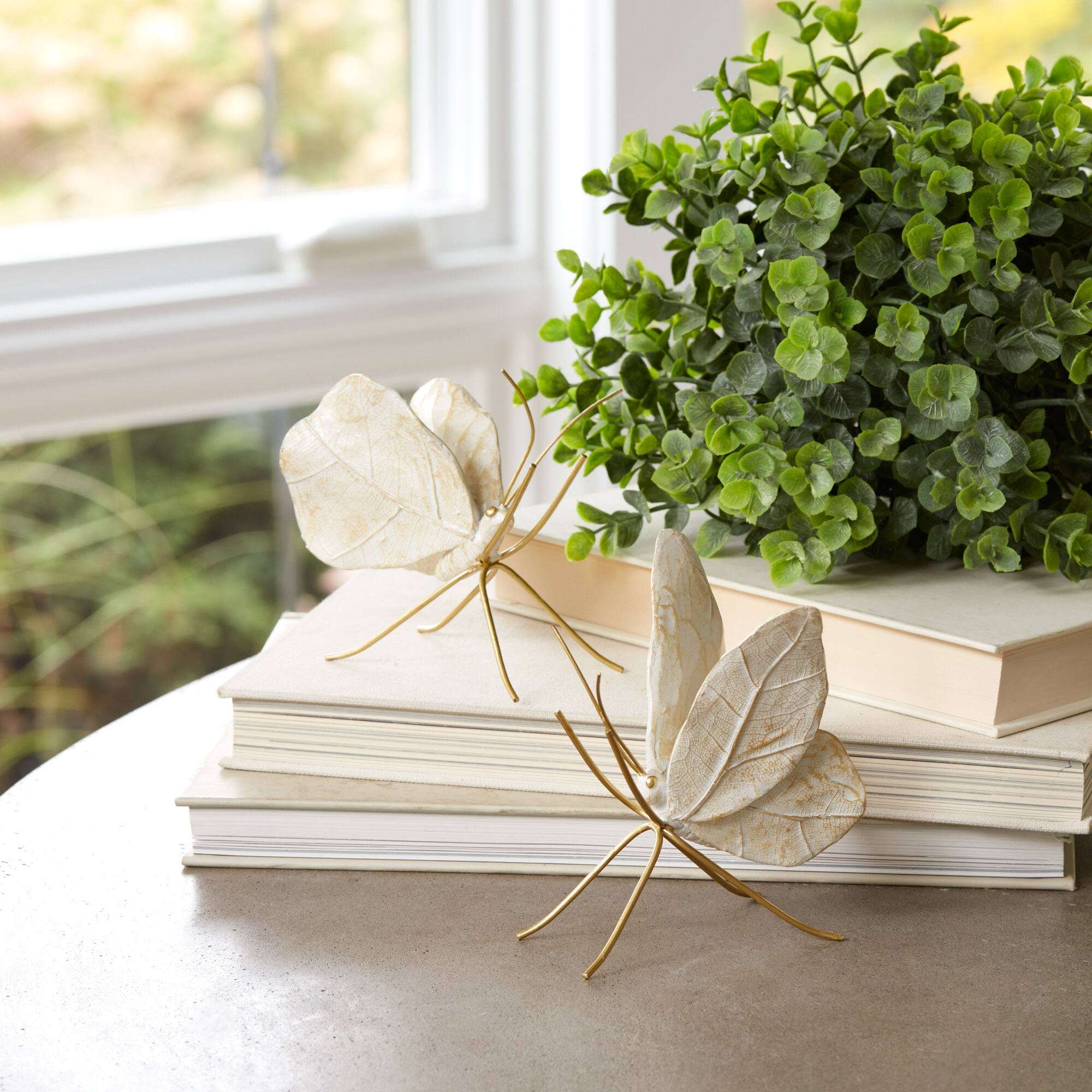 White & Gold Leaf Butterfly Shelf Sitter Set