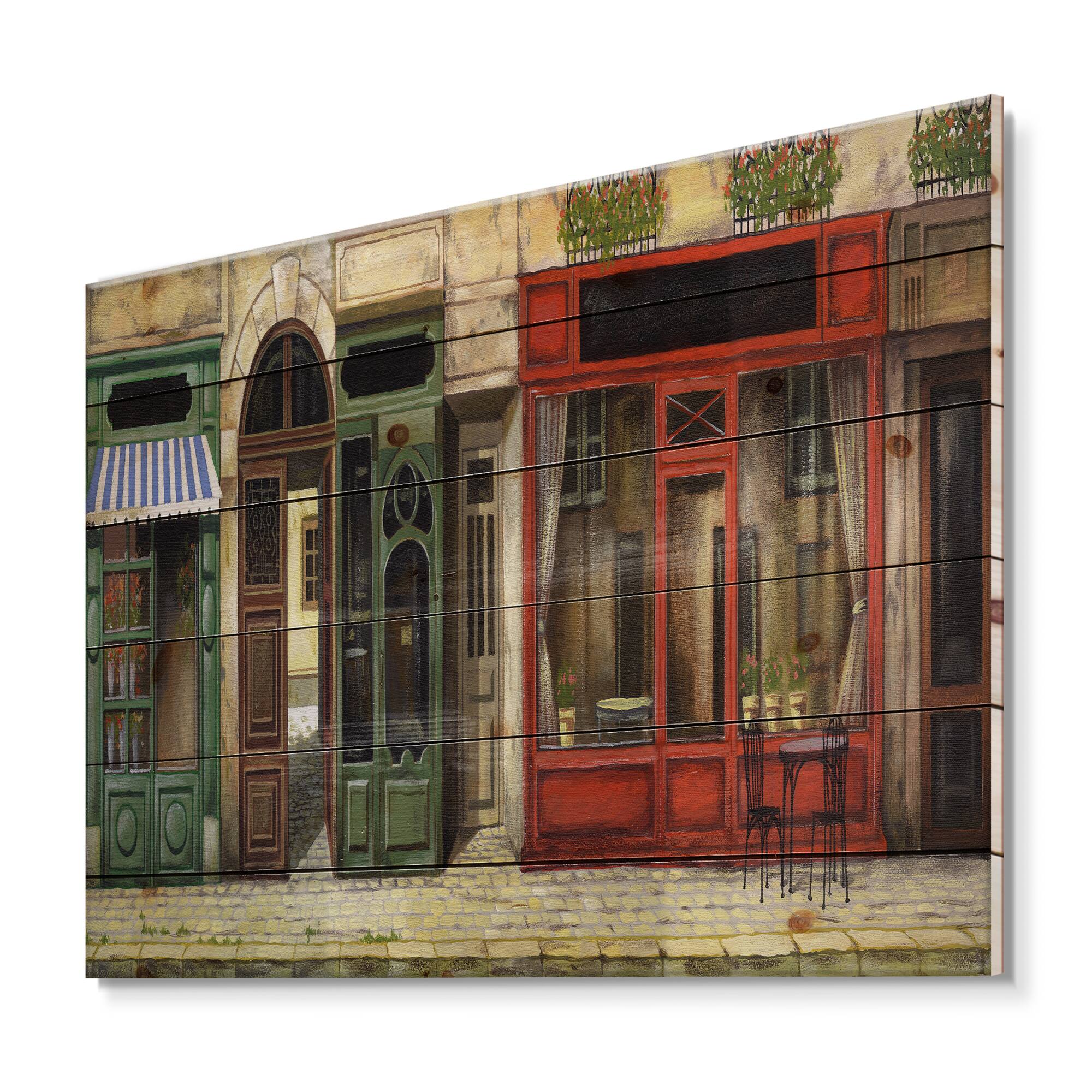 Designart - Red Facade of Charming Shop In Paris II - French Country Print on Natural Pine Wood
