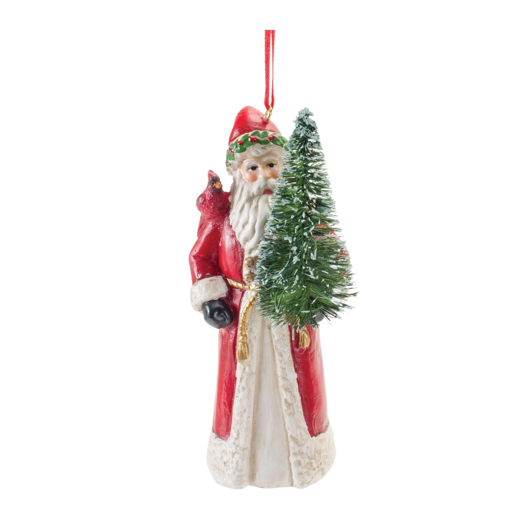 Santa with Cardinal Bird Ornament Set