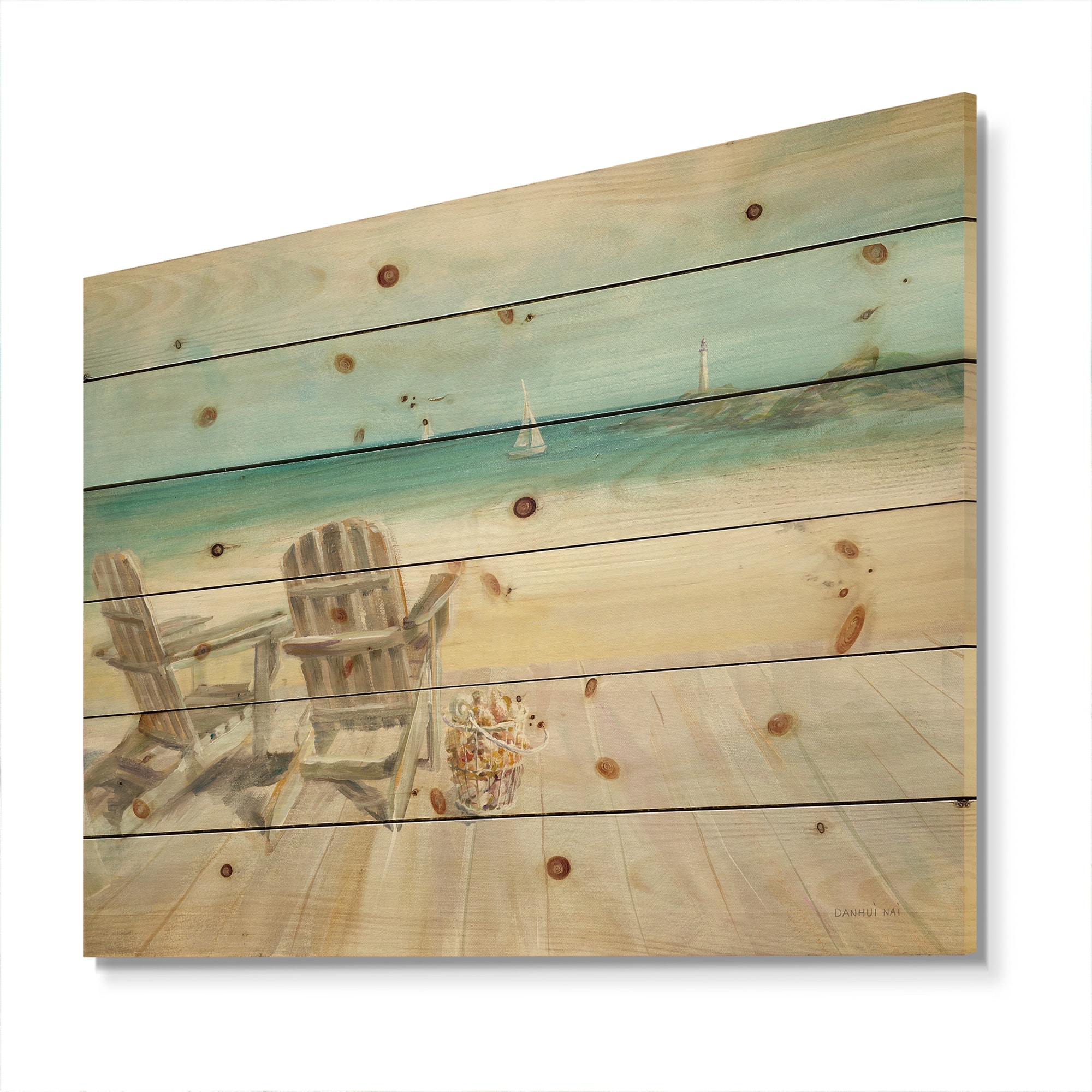 Designart - Seaside Morning no Window - Coastal Print on Natural Pine Wood