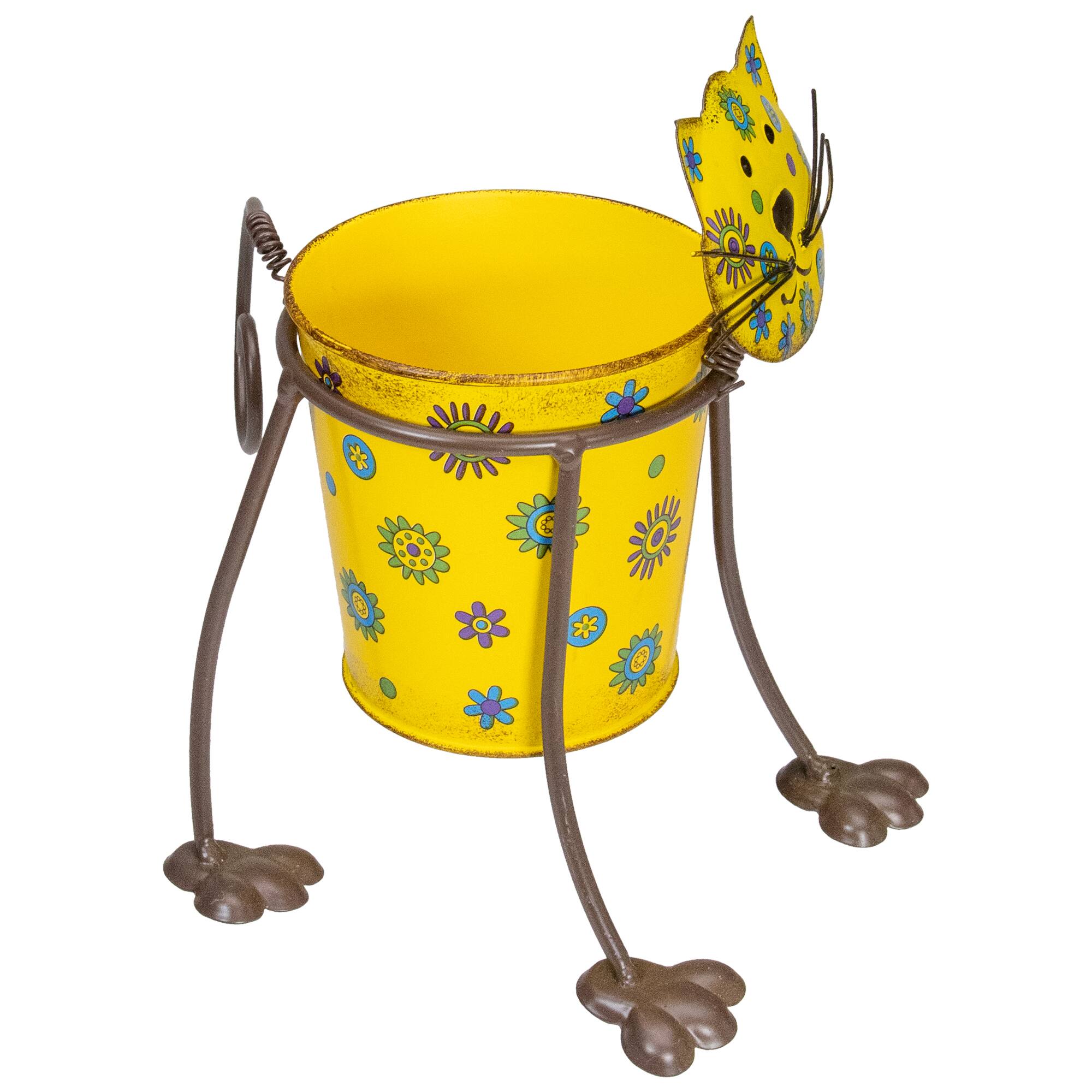 9&#x22; Yellow Floral Metal Cat Garden Planter