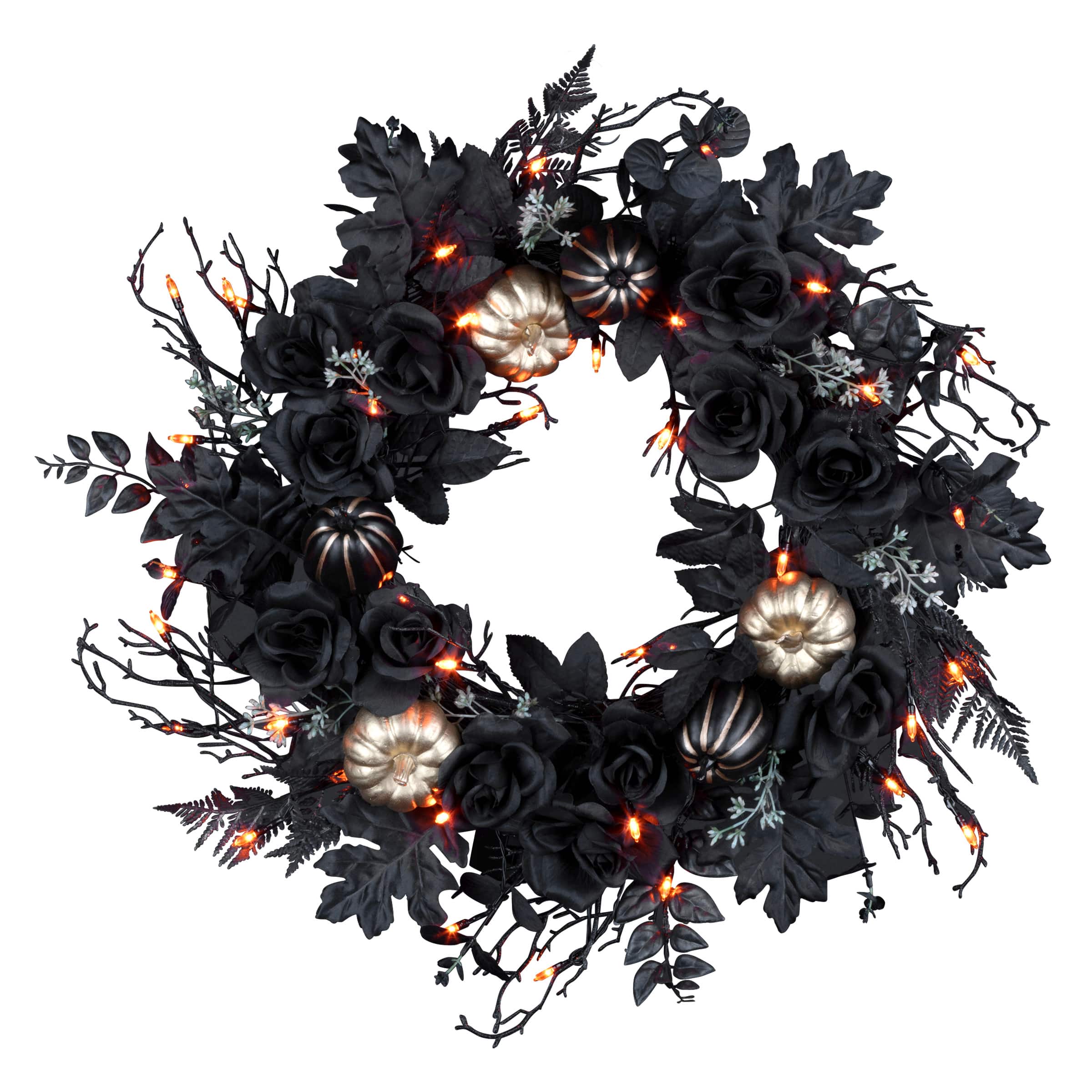 24&#x22; Chic Eek Black Flower &#x26; Pumpkin Halloween Pre-Lit LED Wreath