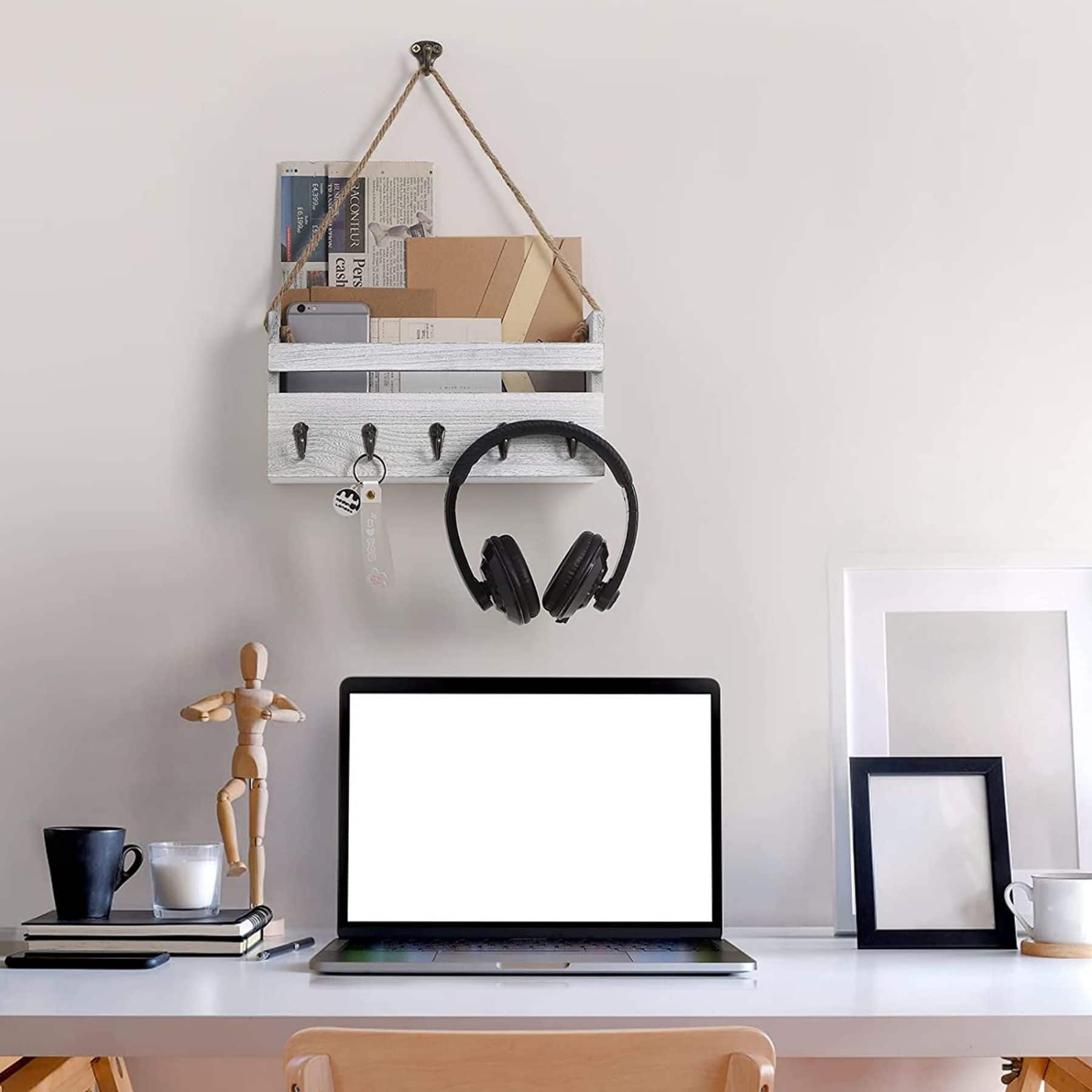 NEX™ Gray-Whitewash Hanging Wall-Mounted Mail Organizer with 5 Hooks