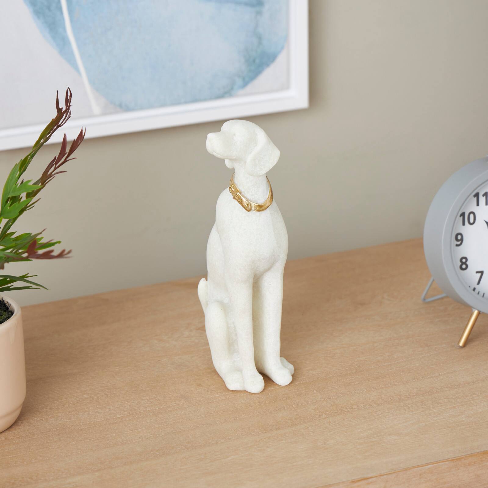 10" Cream Sitting Dog Sculpture with Gold Collar