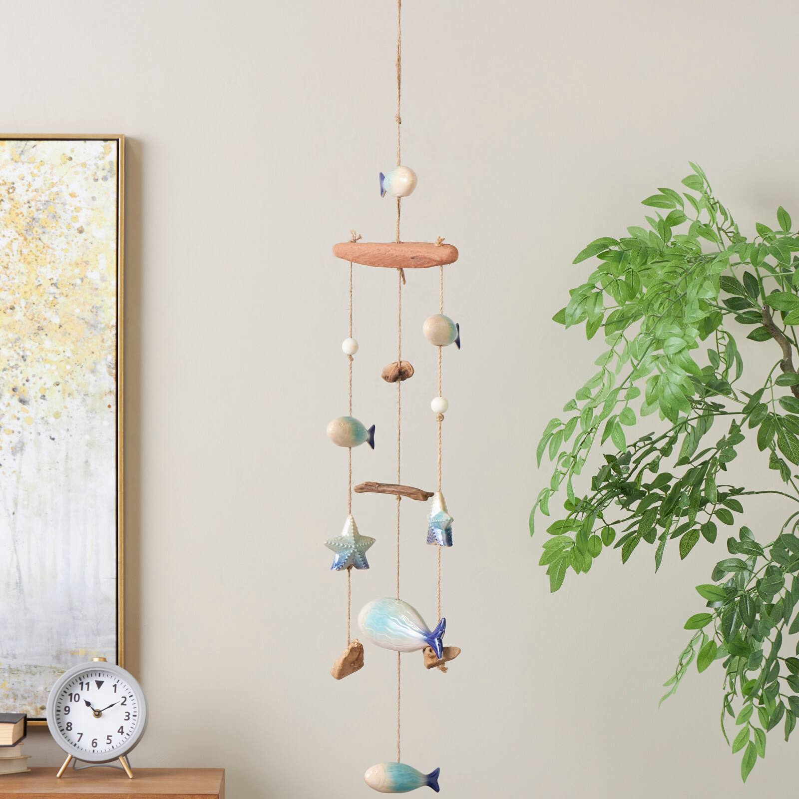 3ft. Brown Ceramic Fish Windchime with Driftwood & Hanging Starfish Accents
