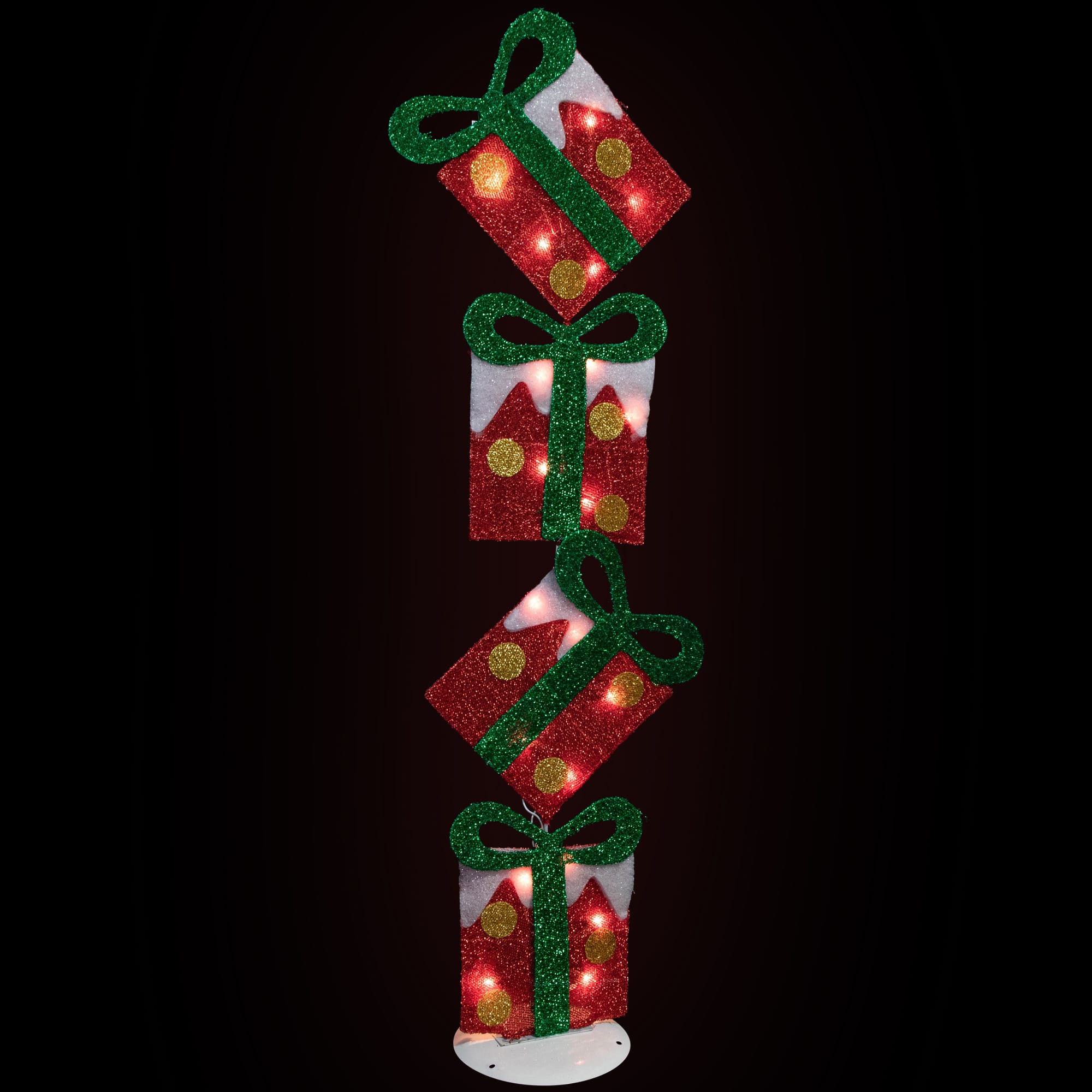 43&#x22; Lighted Red Polka Dot Tinsel Stacked Flat Gift Box Yard Art Decoration