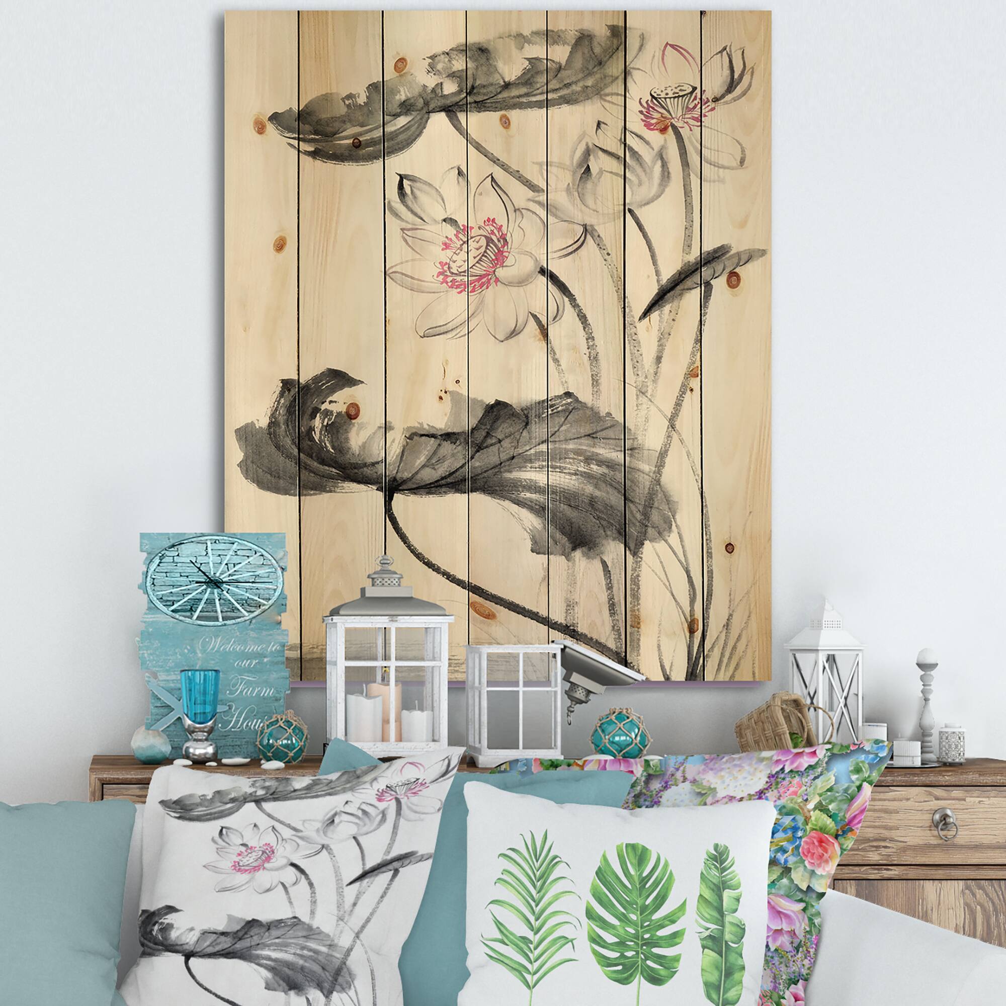 Designart - Vintage Lotus Flowers - Traditional Print on Natural Pine Wood
