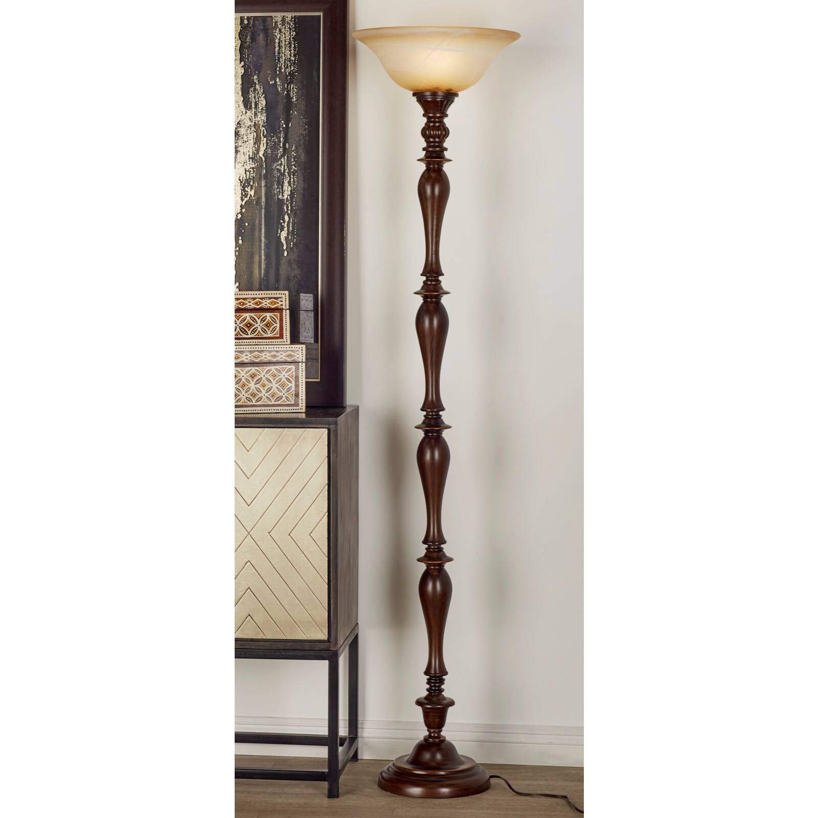 Brown Tempered Glass and Polystone Traditional Torchiere Floor Lamp, 72&#x22; x 16&#x22; x 16&#x22;
