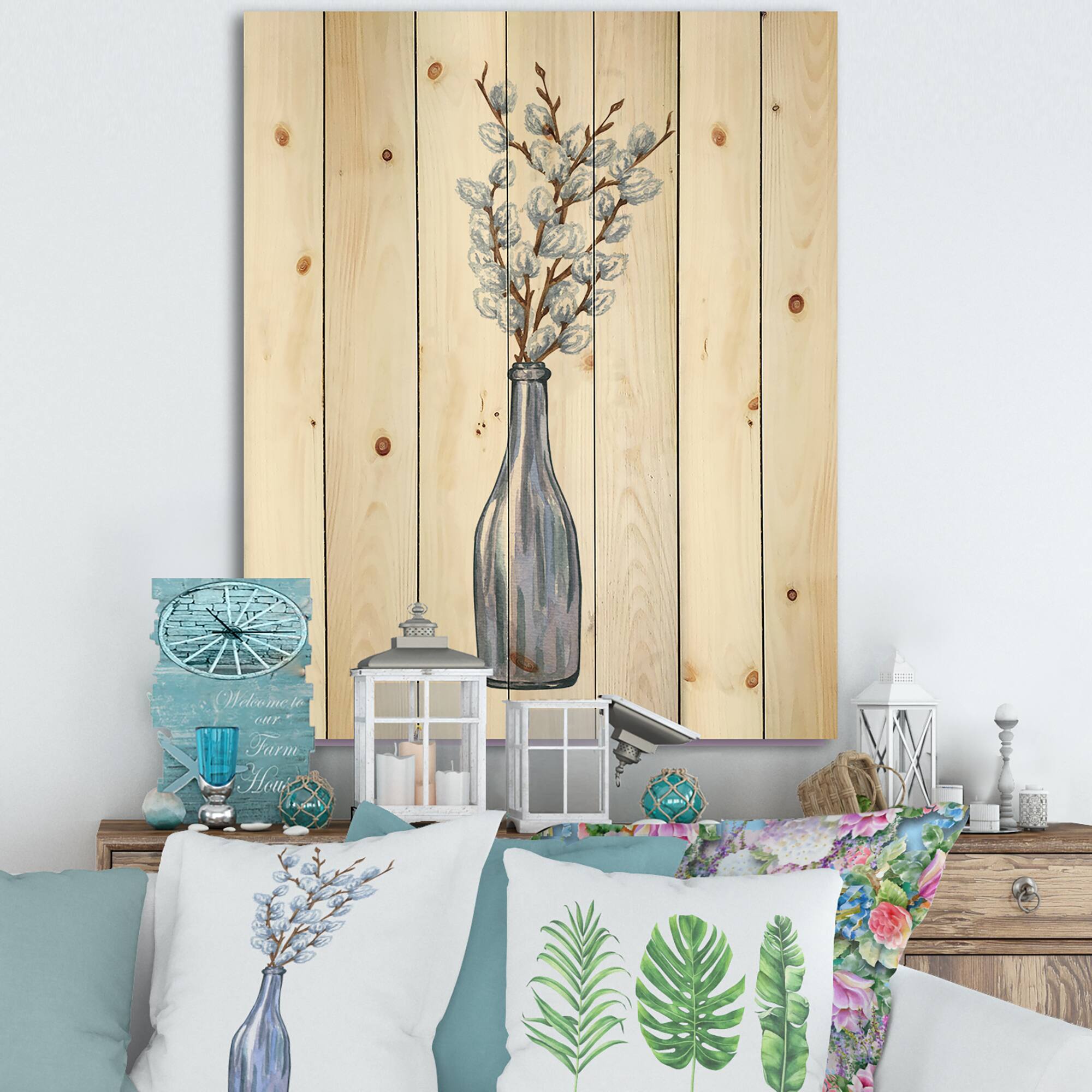 Designart - Bunch of Pussy Willow Twigs II - Farmhouse Print on Natural Pine Wood