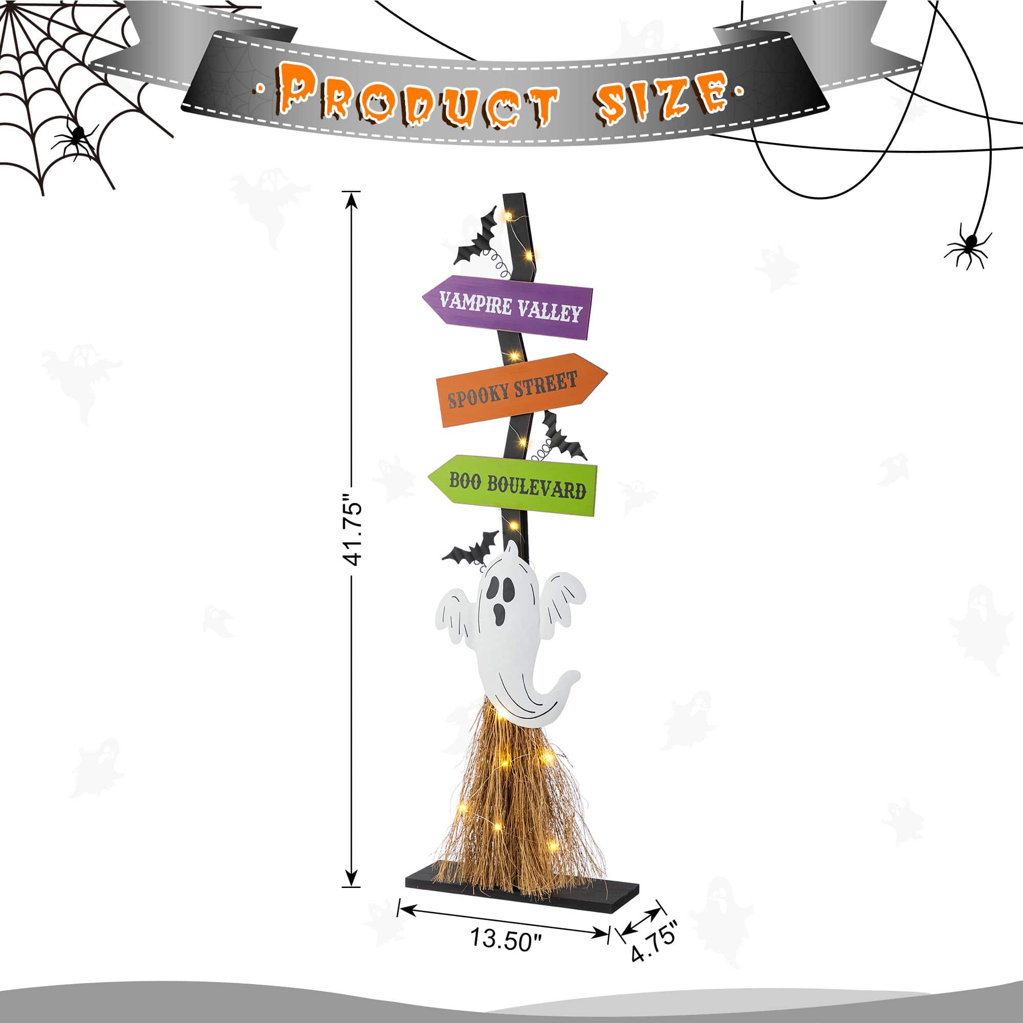 Glitzhome&#xAE; 41.75&#x22;H Lighted Halloween Wooden Ghost&#x27;s Broom Porch Decor