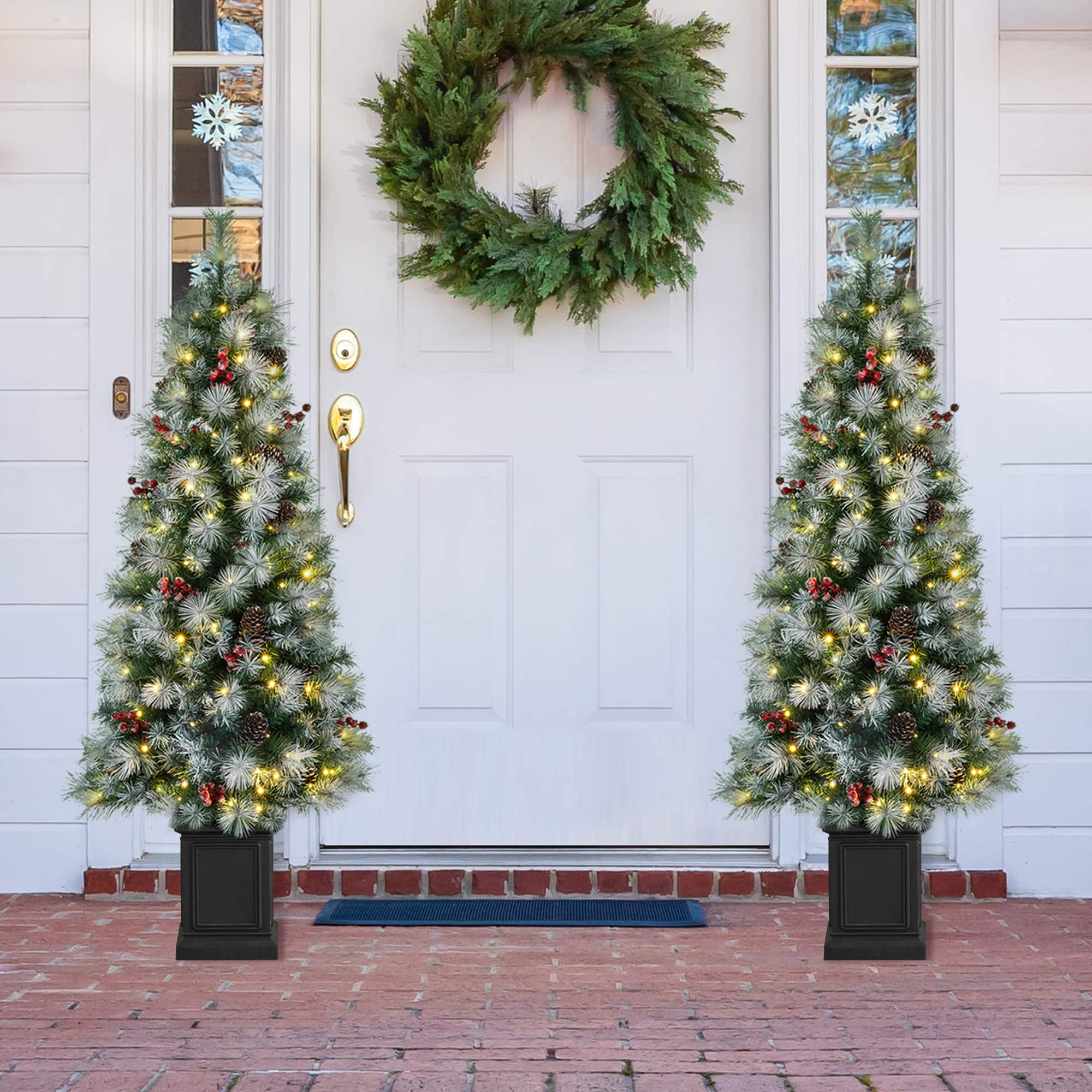 2 Pack 5ft. Pre-Lit Pine Artificial Christmas Porch Tree, Warm White LED Lights