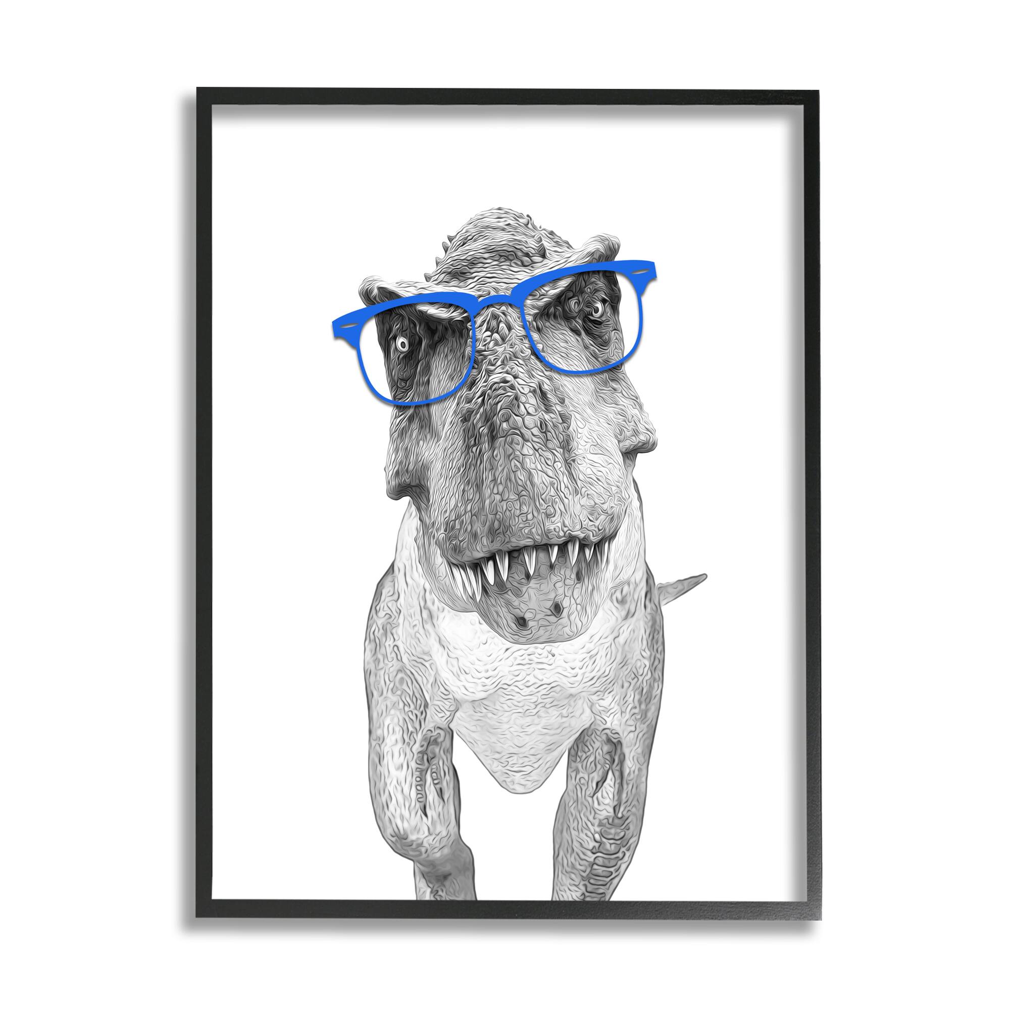 Stupell Industries Adorable T-Rex Dinosaur Blue Glasses Illustration Framed Giclee Art